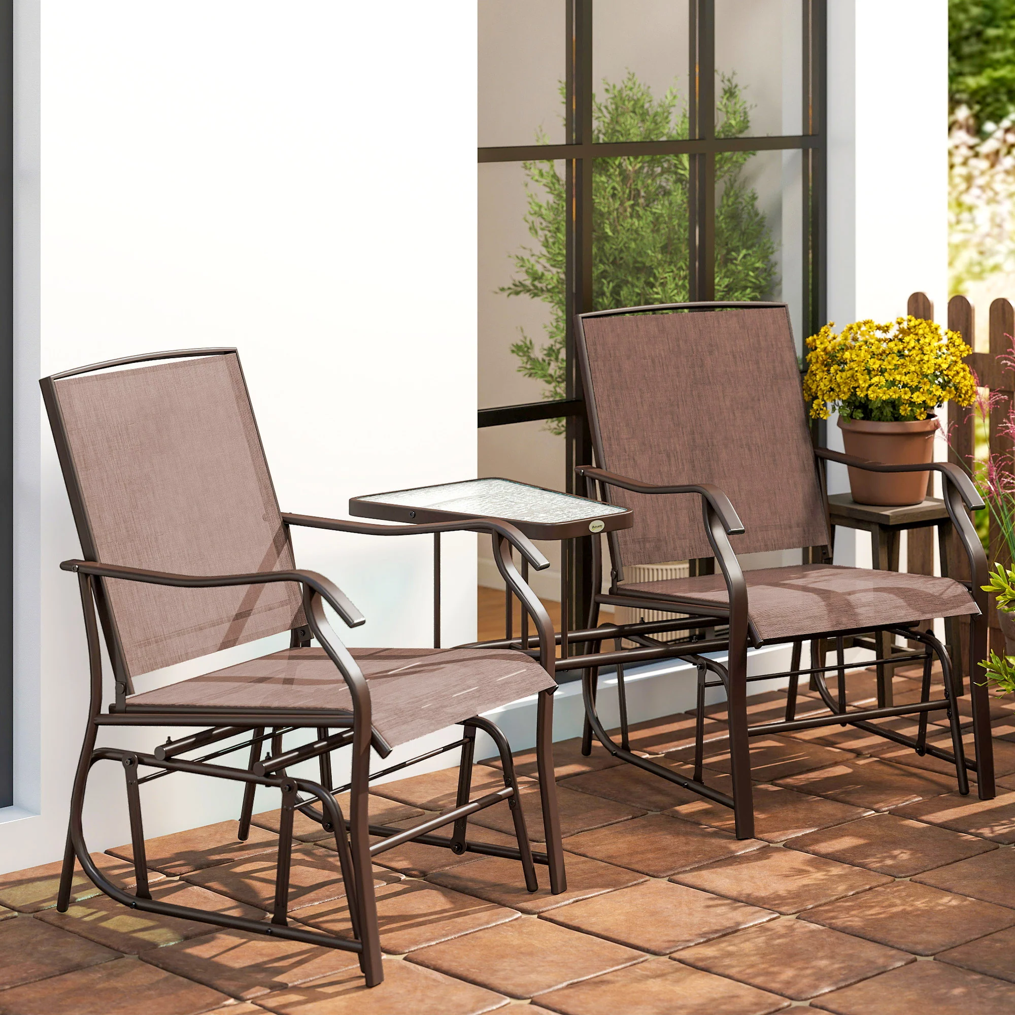 Double Patio Glider Chair with Glass Top Center Table, All Weather Breathable Mesh Fabric, Brown - Image 11