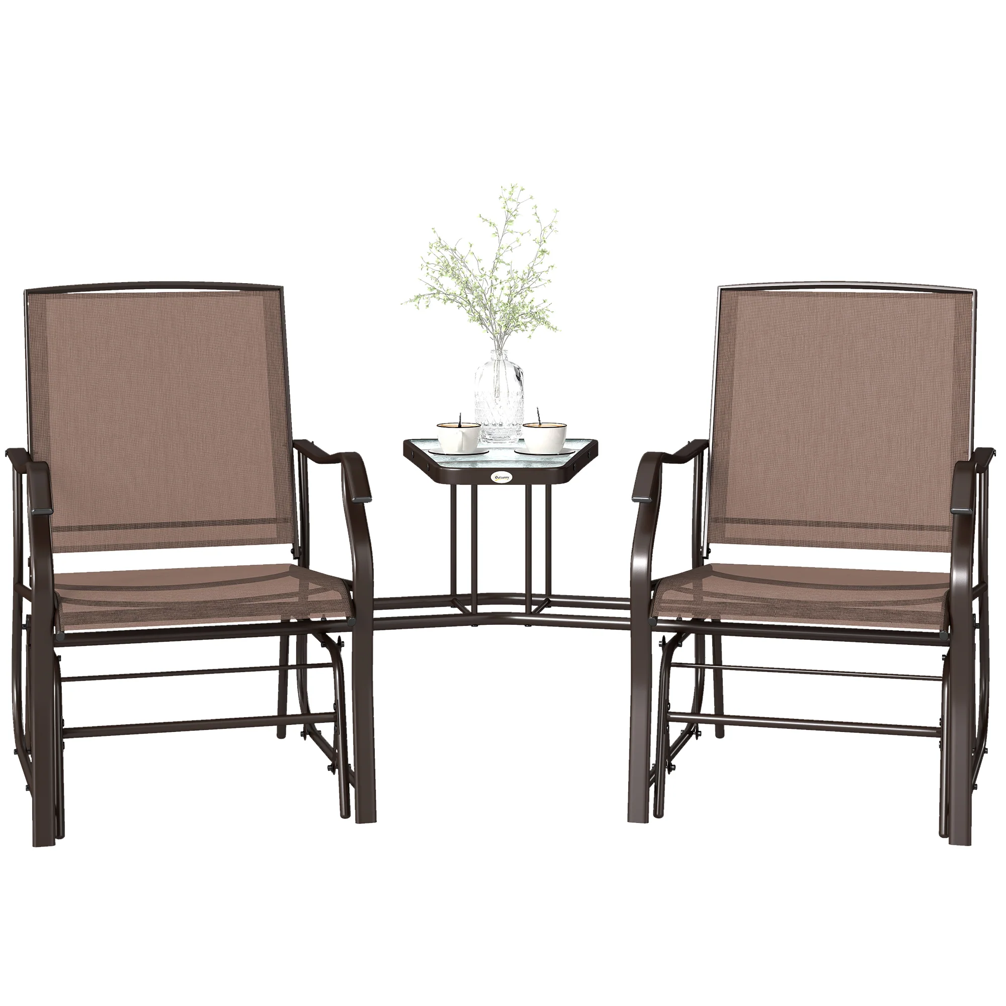 Double Patio Glider Chair with Glass Top Center Table, All Weather Breathable Mesh Fabric, Brown - Image 2
