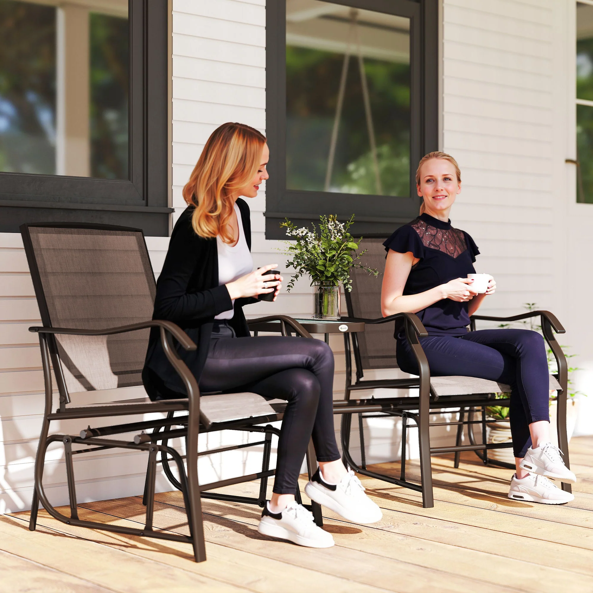 Double Patio Glider Chair with Glass Top Center Table, All Weather Breathable Mesh Fabric, Brown - Image 3