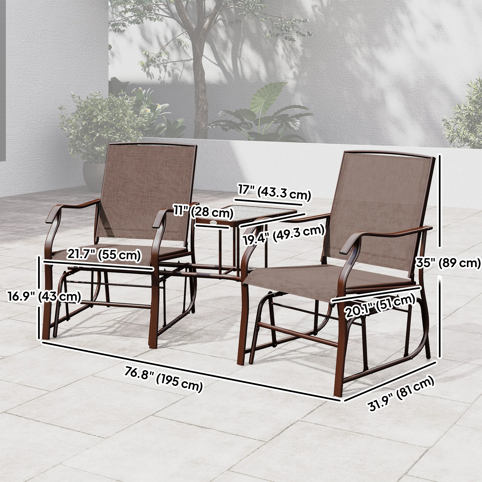 Double Patio Glider Chair with Glass Top Center Table, All Weather Breathable Mesh Fabric, Brown - Image 5
