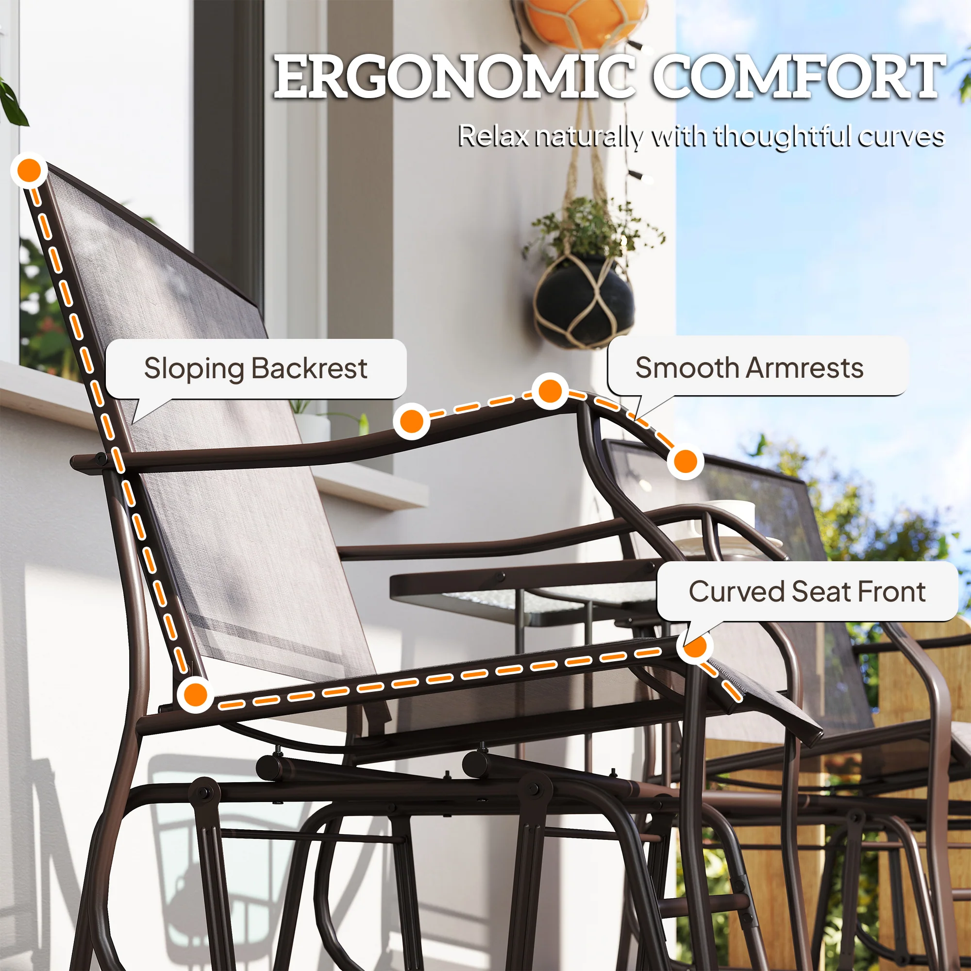 Double Patio Glider Chair with Glass Top Center Table, All Weather Breathable Mesh Fabric, Grey - Image 10
