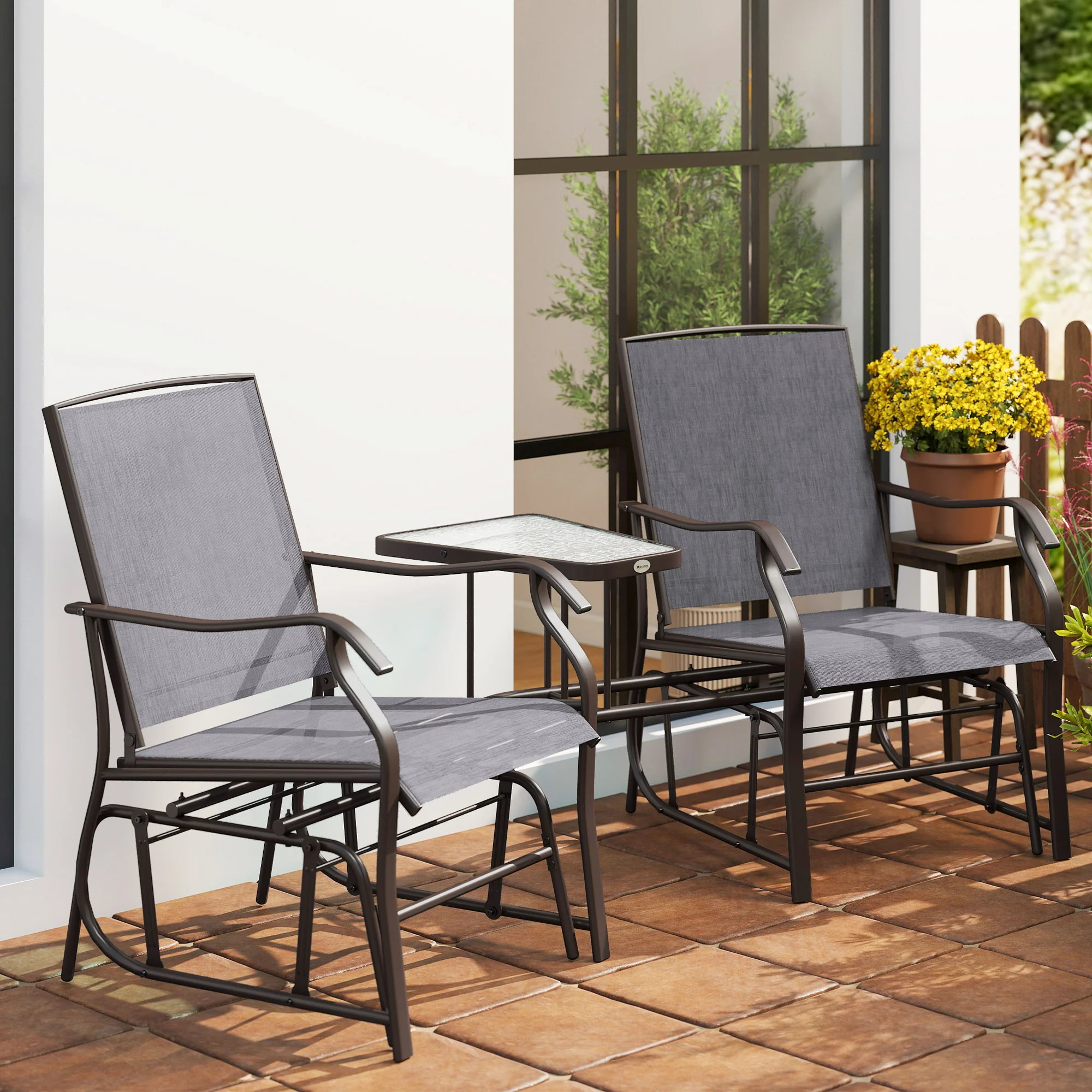 Double Patio Glider Chair with Glass Top Center Table, All Weather Breathable Mesh Fabric, Grey - Image 11