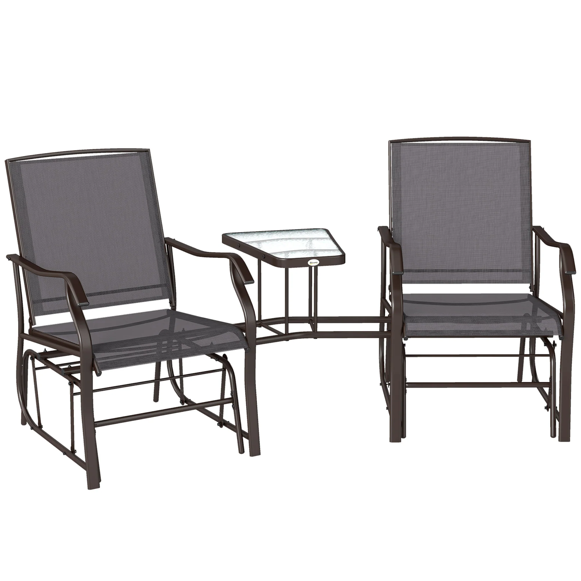 Double Patio Glider Chair with Glass Top Center Table, All Weather Breathable Mesh Fabric, Grey - Image 12