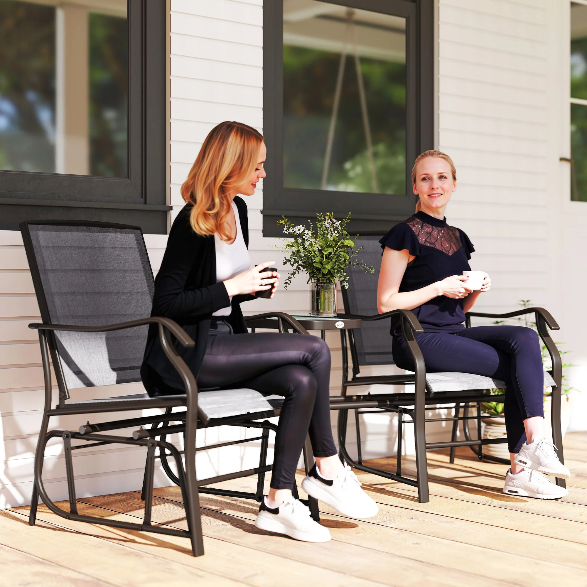 Double Patio Glider Chair with Glass Top Center Table, All Weather Breathable Mesh Fabric, Grey - Image 3