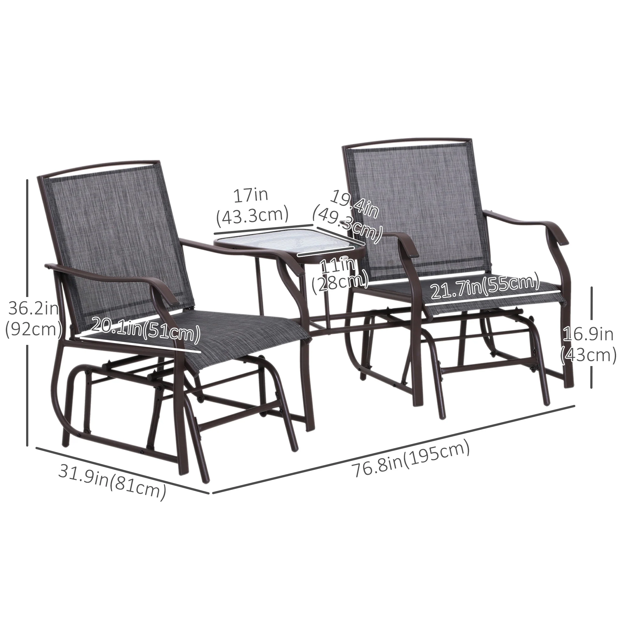 Double Patio Glider Chair with Glass Top Center Table, All Weather Breathable Mesh Fabric, Grey - Image 5