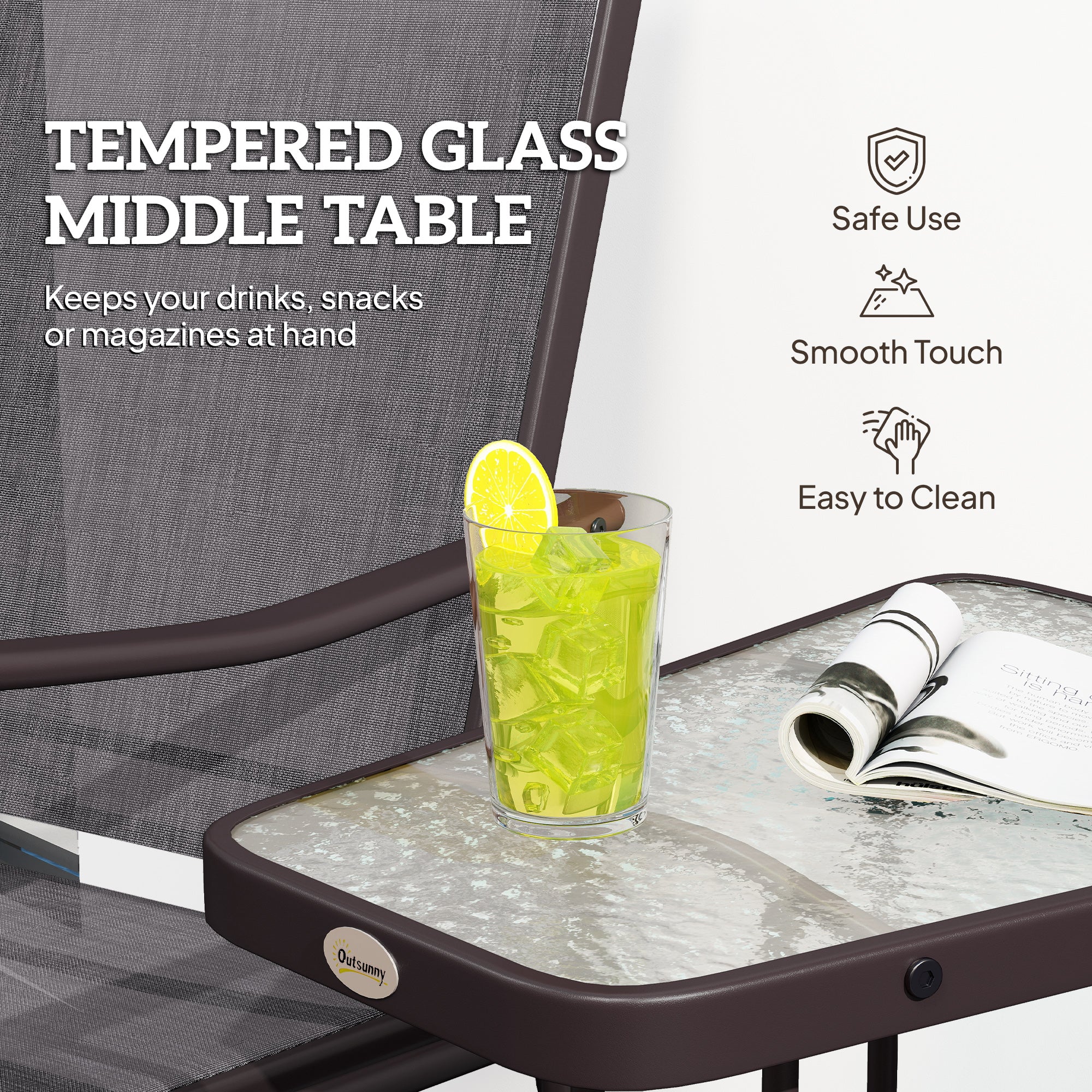 Double Patio Glider Chair with Glass Top Center Table, All Weather Breathable Mesh Fabric, Grey - Image 8