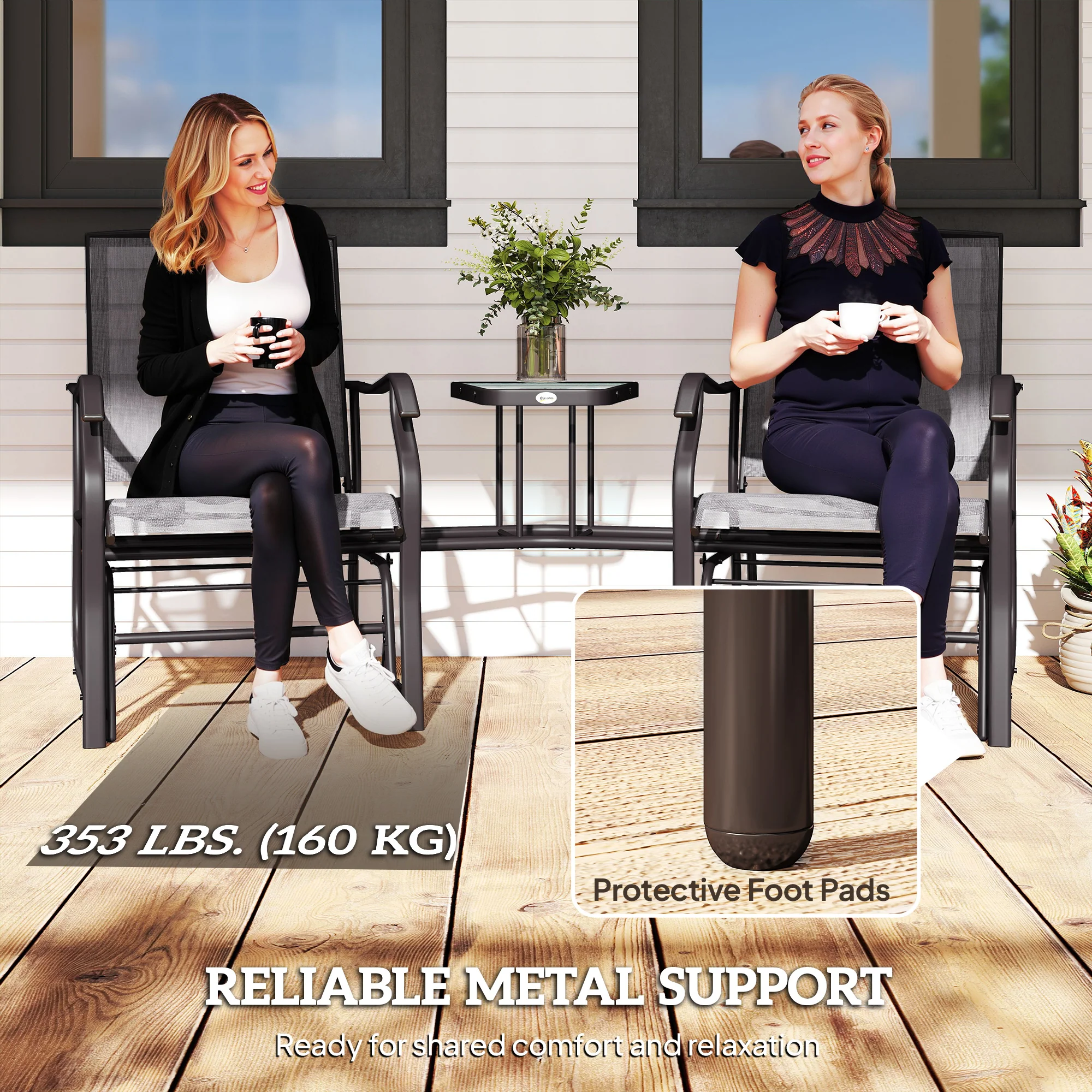 Double Patio Glider Chair with Glass Top Center Table, All Weather Breathable Mesh Fabric, Grey - Image 9