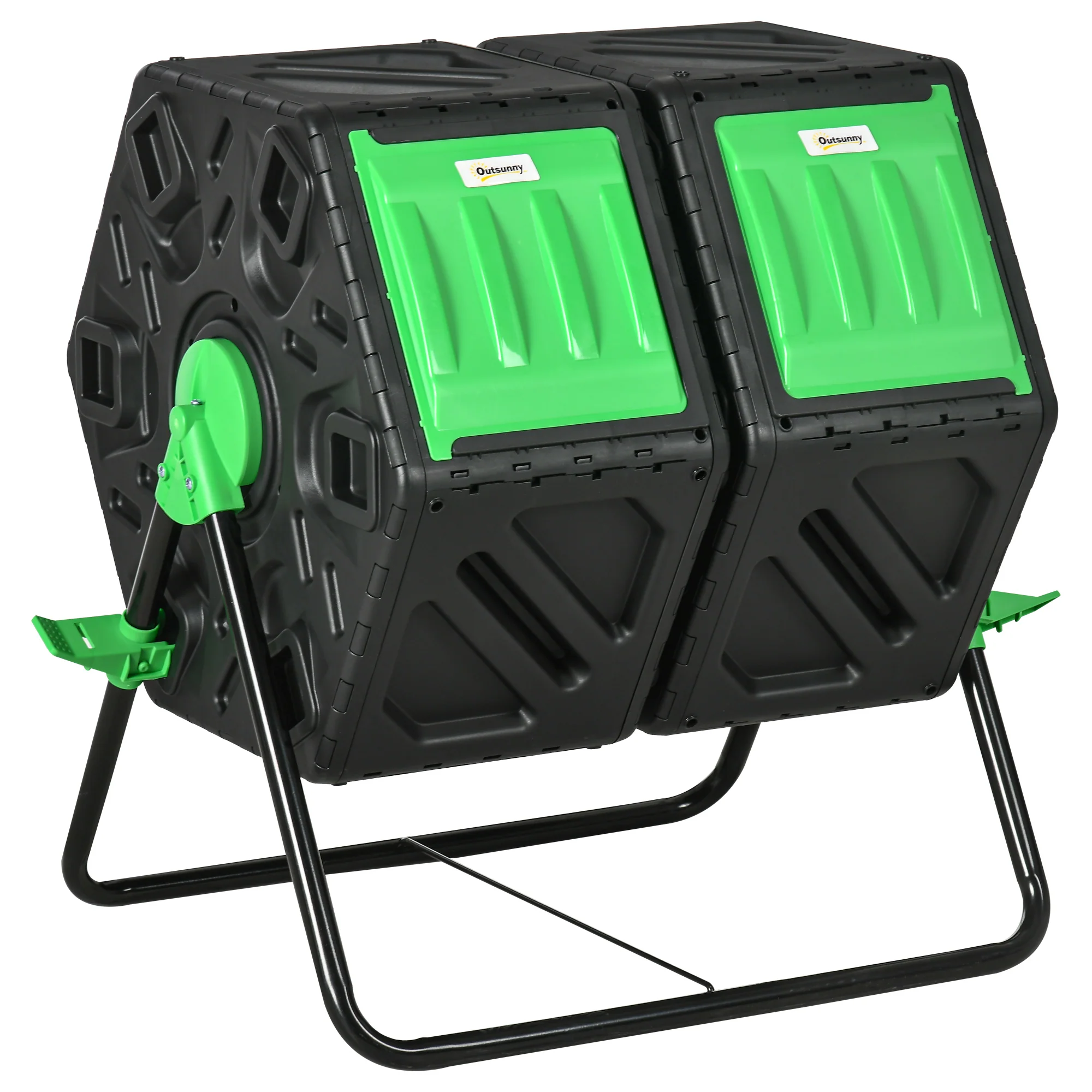 Dual Chamber Garden Compost Bin, 130L Rotating Composter, Compost Maker with Ventilation Openings and Steel Legs, Green and Black - Image 2
