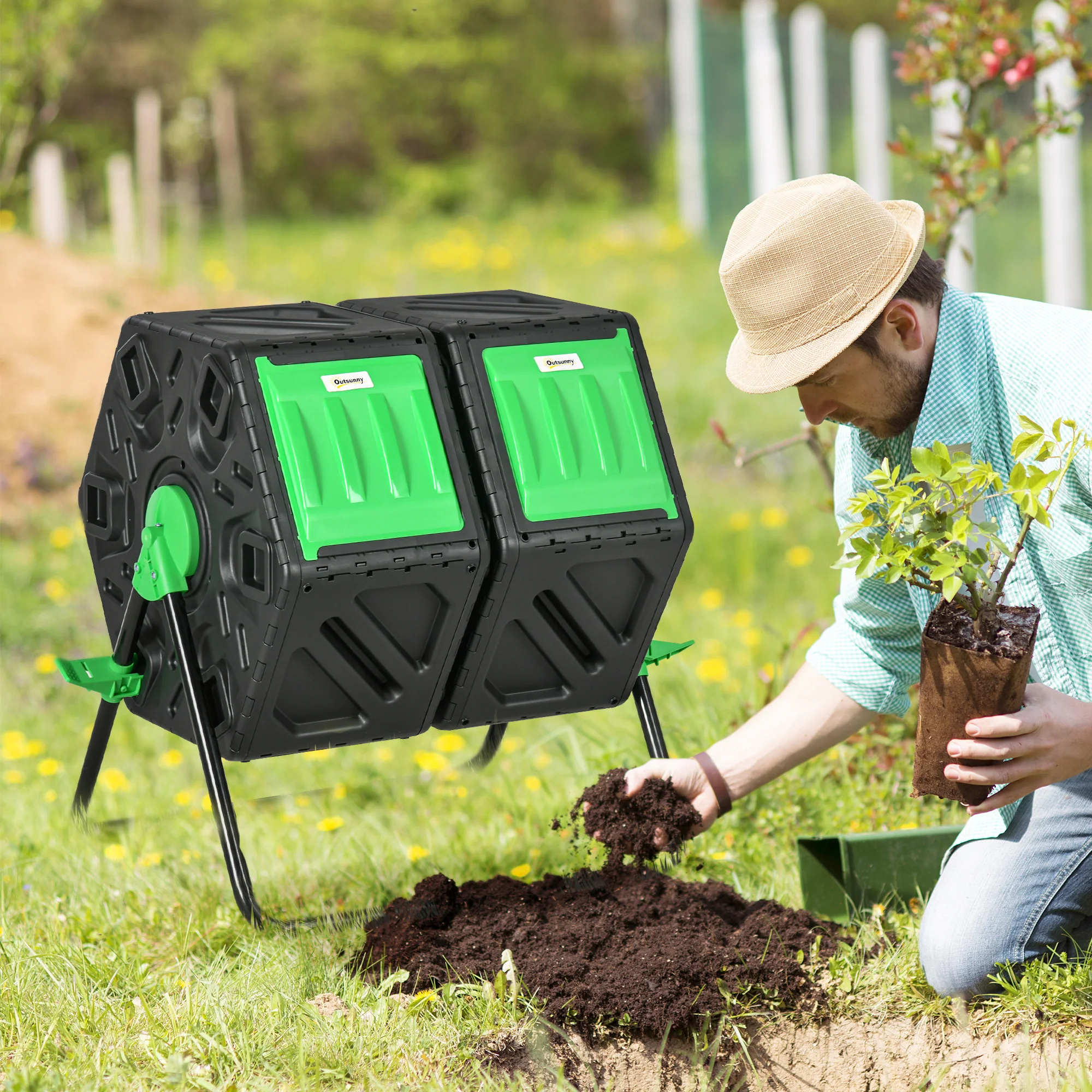 Dual Chamber Garden Compost Bin, 130L Rotating Composter, Compost Maker with Ventilation Openings and Steel Legs, Green and Black - Image 3
