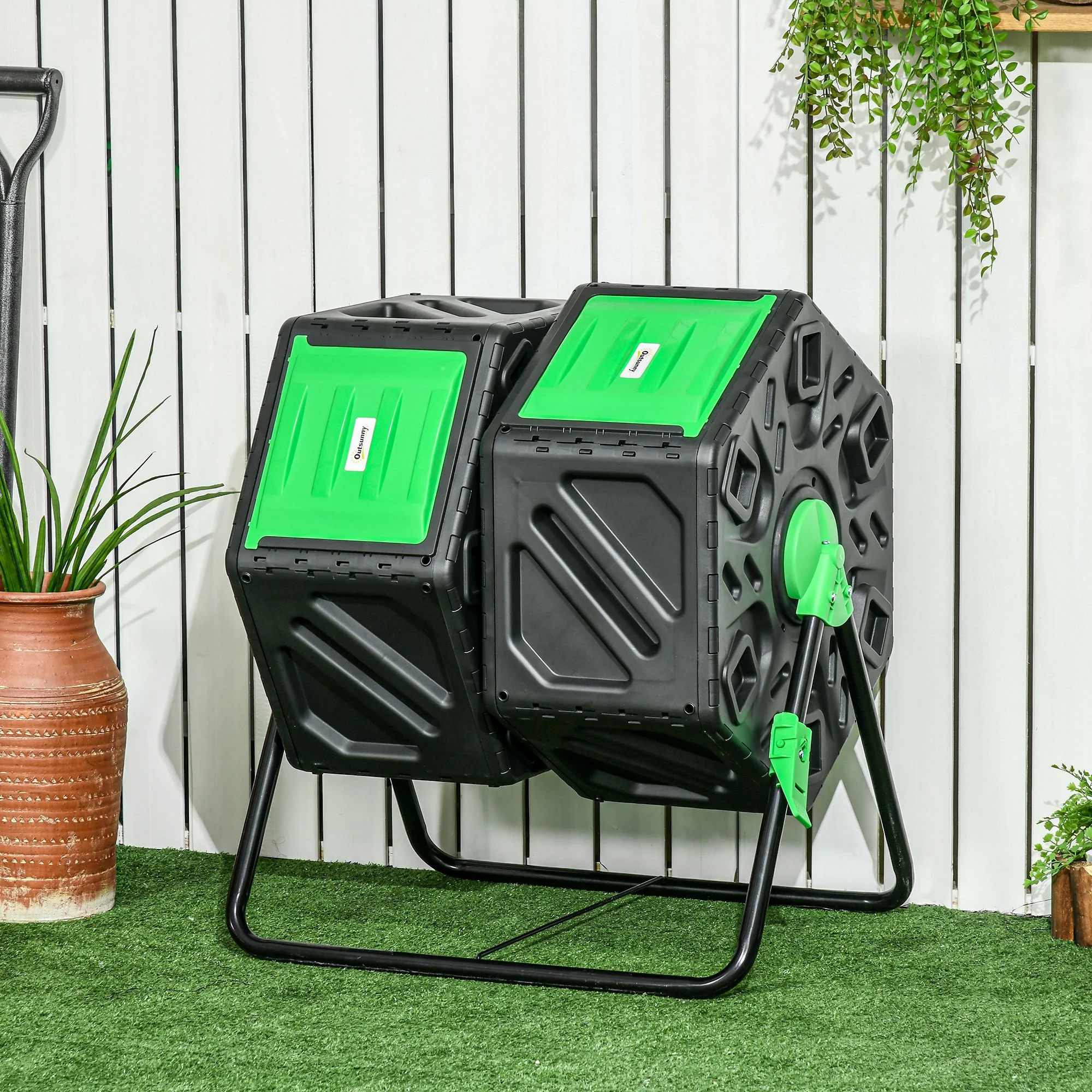 Dual Chamber Garden Compost Bin, 130L Rotating Composter, Compost Maker with Ventilation Openings and Steel Legs, Green and Black - Image 4