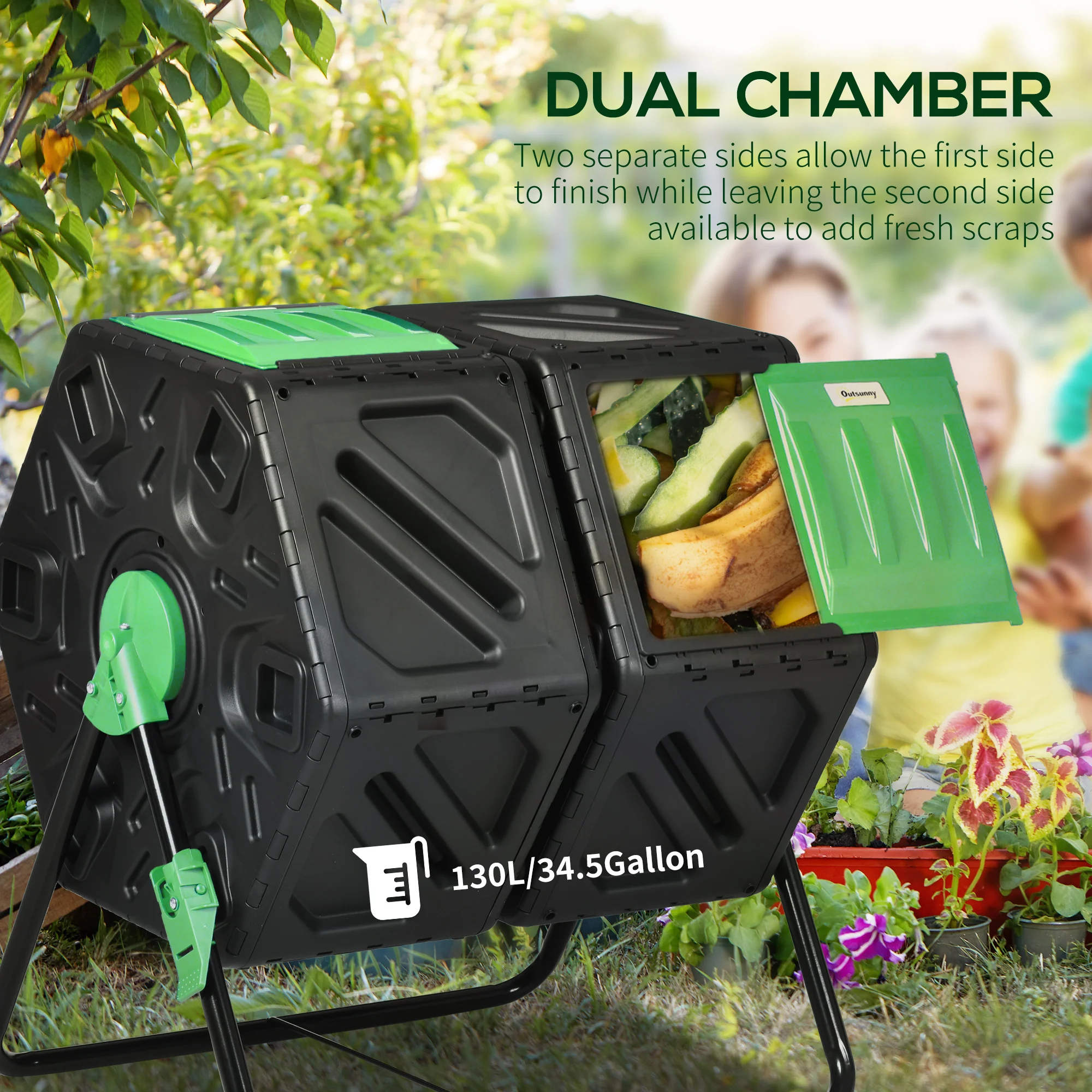 Dual Chamber Garden Compost Bin, 130L Rotating Composter, Compost Maker with Ventilation Openings and Steel Legs, Green and Black - Image 6