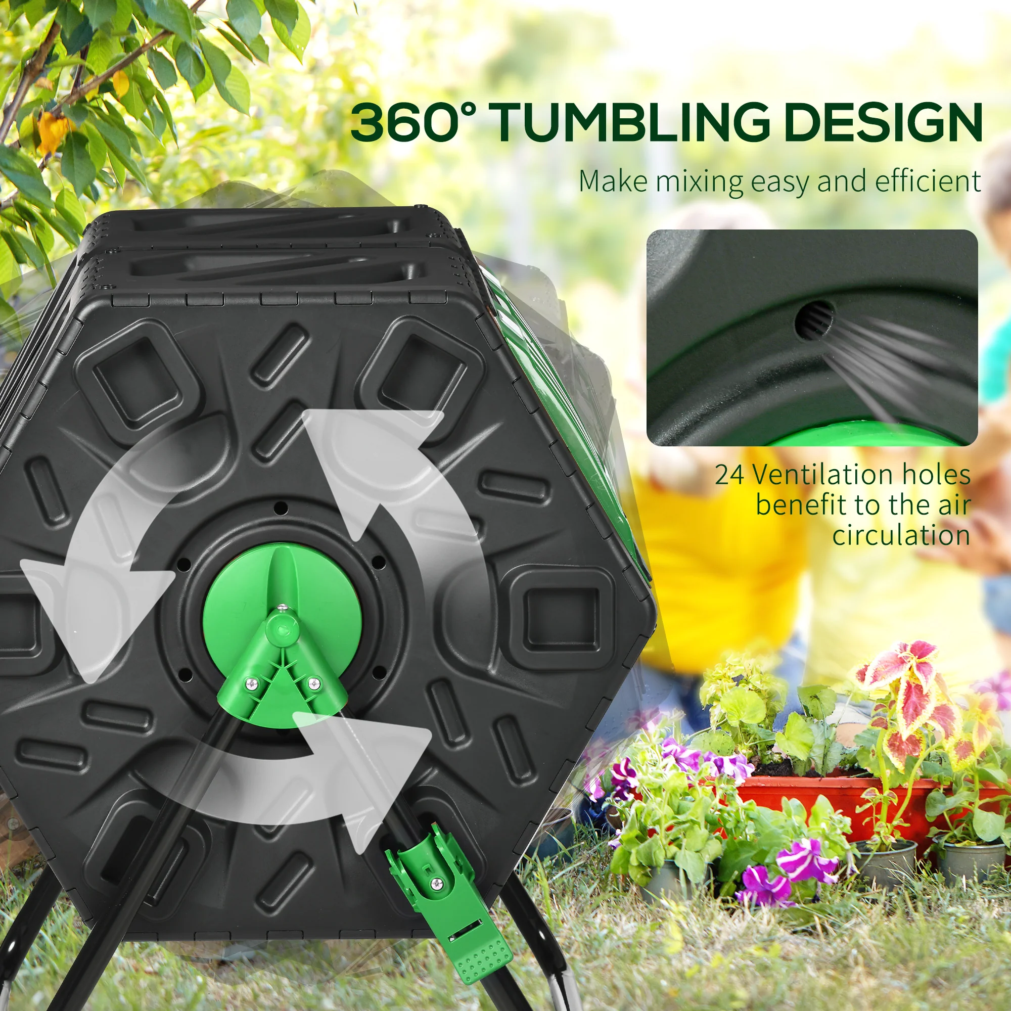 Dual Chamber Garden Compost Bin, 130L Rotating Composter, Compost Maker with Ventilation Openings and Steel Legs, Green and Black - Image 7