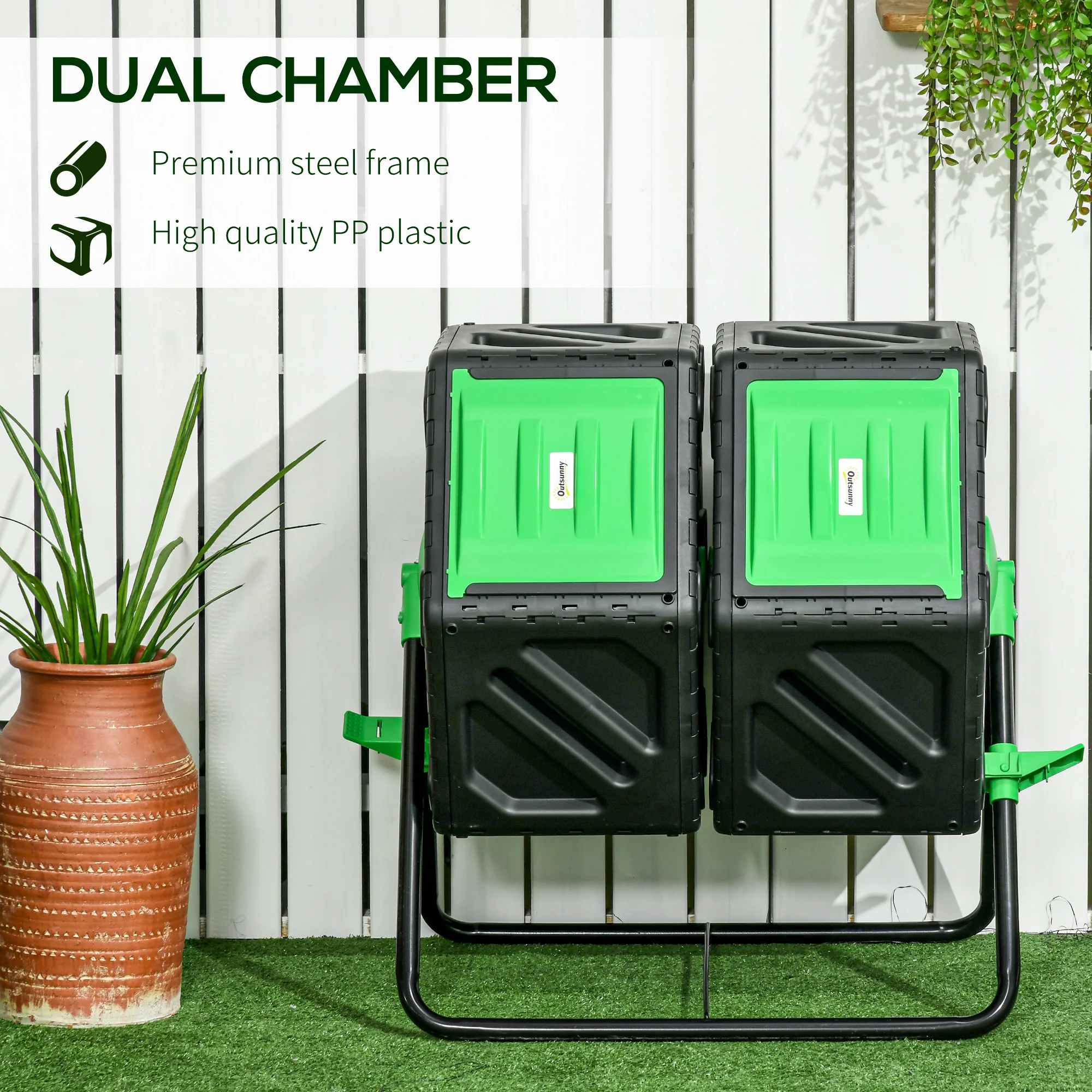 Dual Chamber Garden Compost Bin, 130L Rotating Composter, Compost Maker with Ventilation Openings and Steel Legs, Green and Black - Image 9