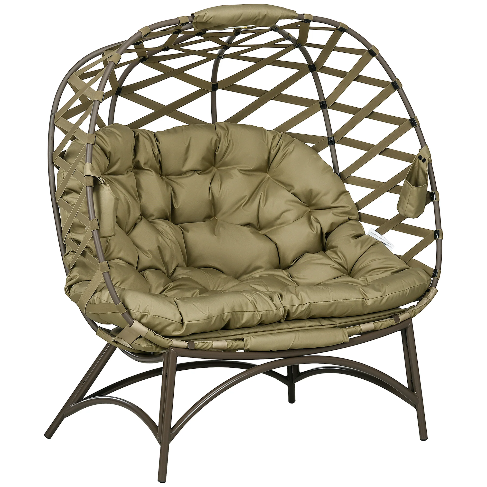 2 Seater Folding Weave Egg Chair w/ Cushion, Cup Pockets for Patio, Balcony, Khaki - Image 12