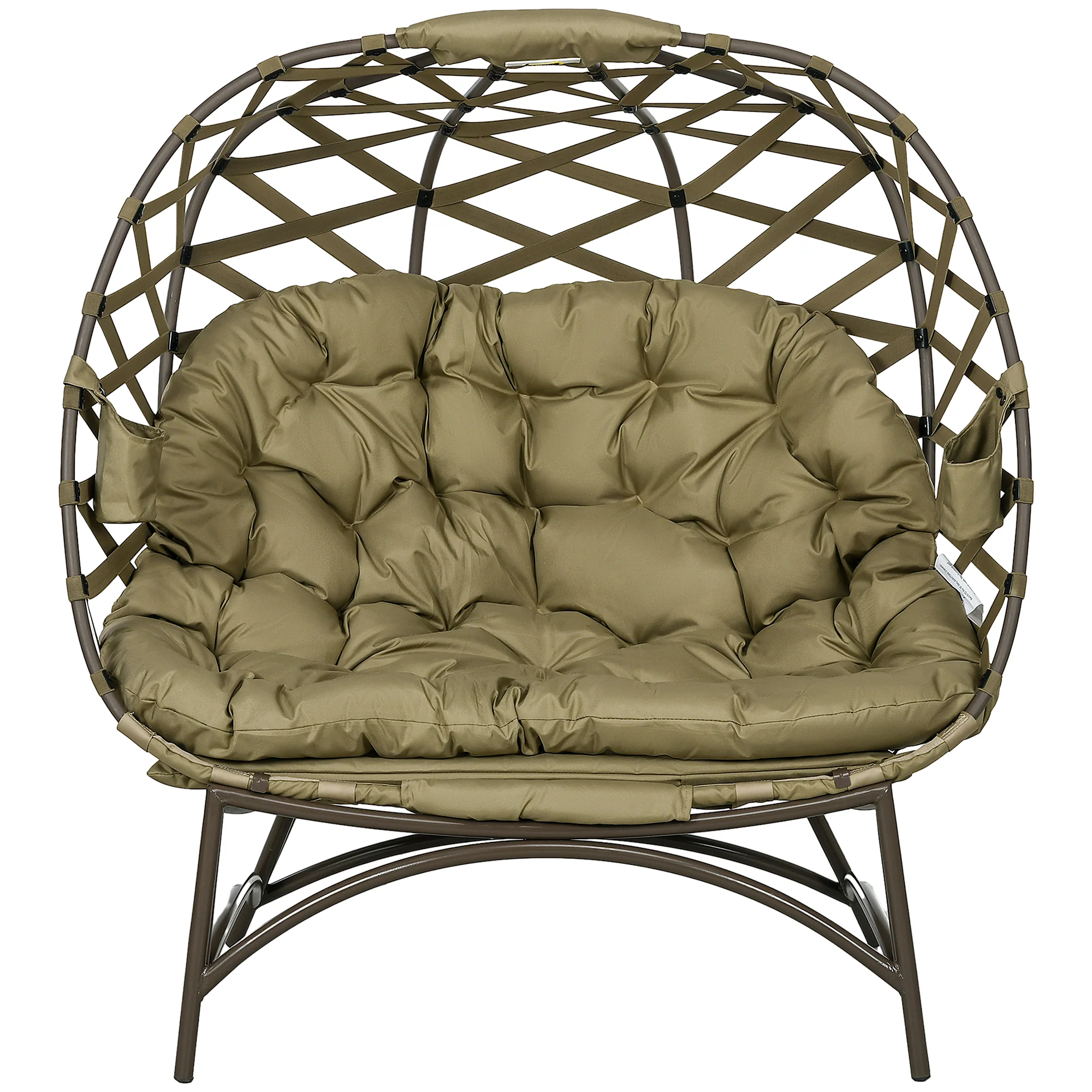 2 Seater Folding Weave Egg Chair w/ Cushion, Cup Pockets for Patio, Balcony, Khaki - Image 2