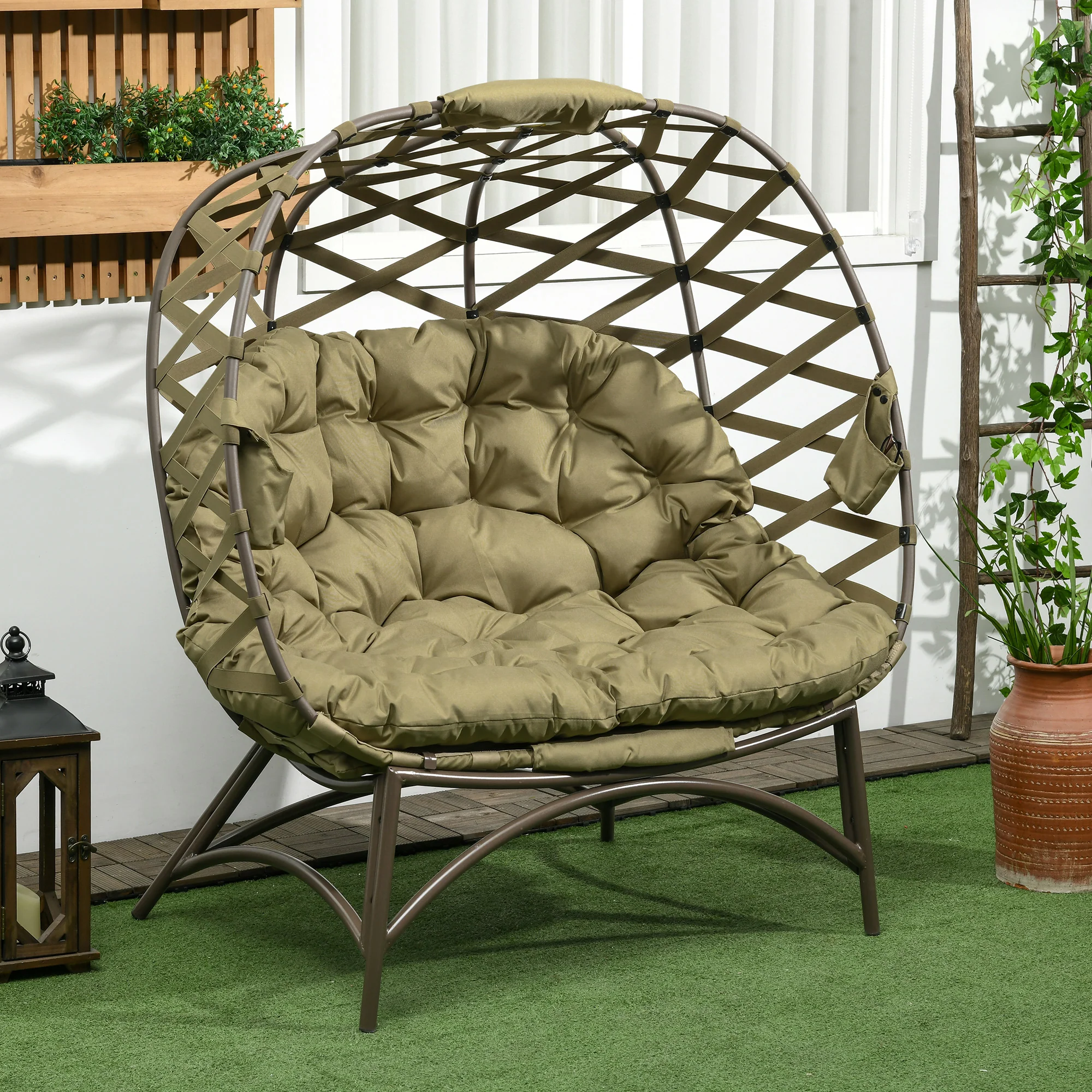 2 Seater Folding Weave Egg Chair w/ Cushion, Cup Pockets for Patio, Balcony, Khaki - Image 3