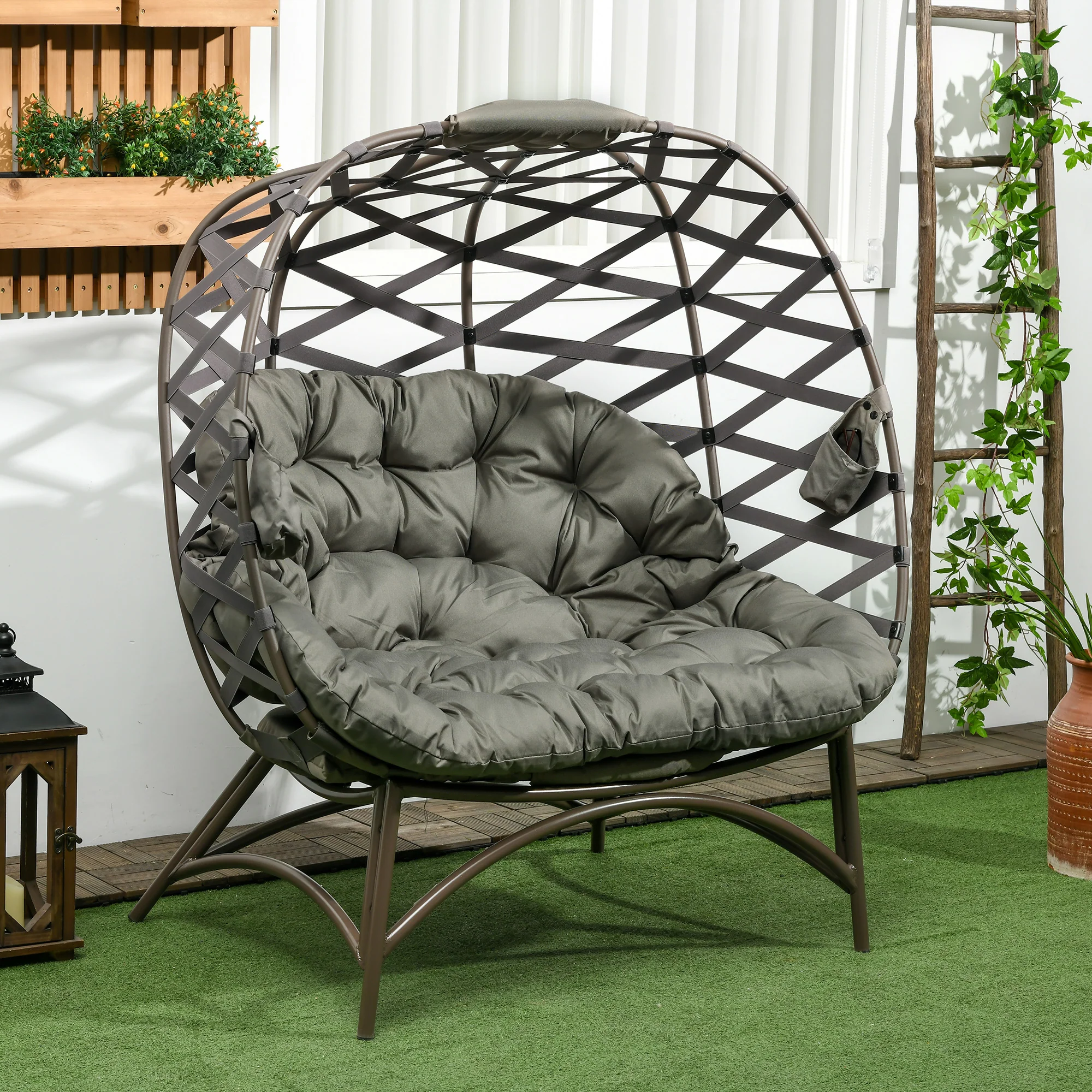 2 Seater Folding Weave Egg Chair w/ Cushion, Cup Pockets for Patio, Balcony, Sand Brown - Image 3