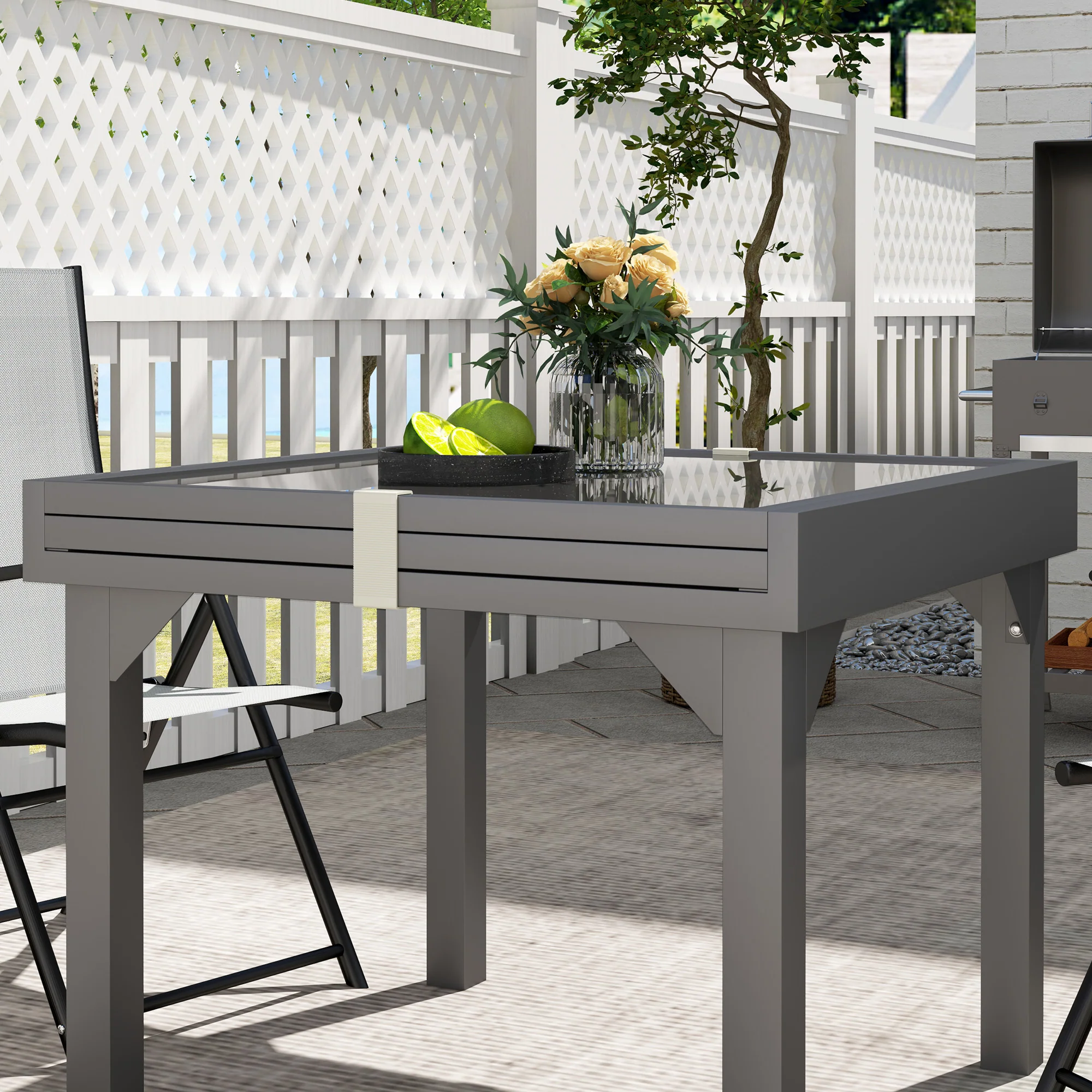 35"-71"  Extendable Aluminium Outdoor Dining Table w/ Tempered Glass Top for 4-6 Person, Grey - Image 11