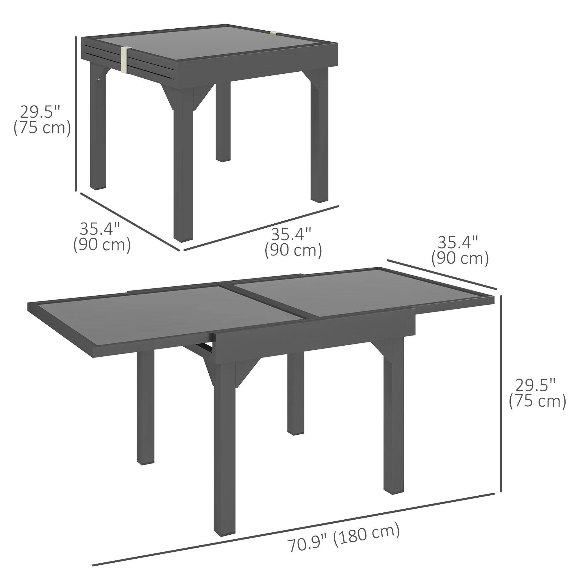 35"-71"  Extendable Aluminium Outdoor Dining Table w/ Tempered Glass Top for 4-6 Person, Grey - Image 5