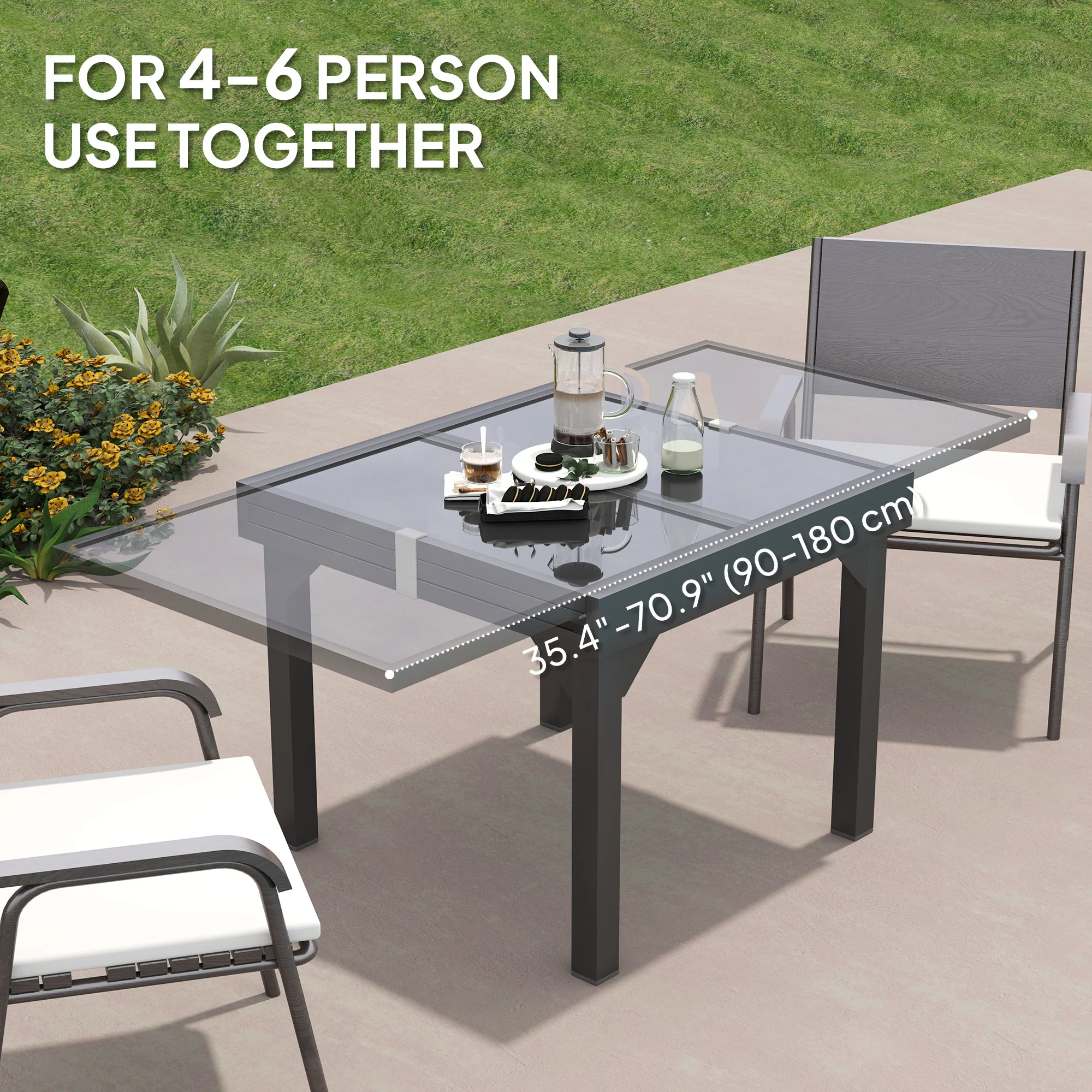 35"-71"  Extendable Aluminium Outdoor Dining Table w/ Tempered Glass Top for 4-6 Person, Grey - Image 6
