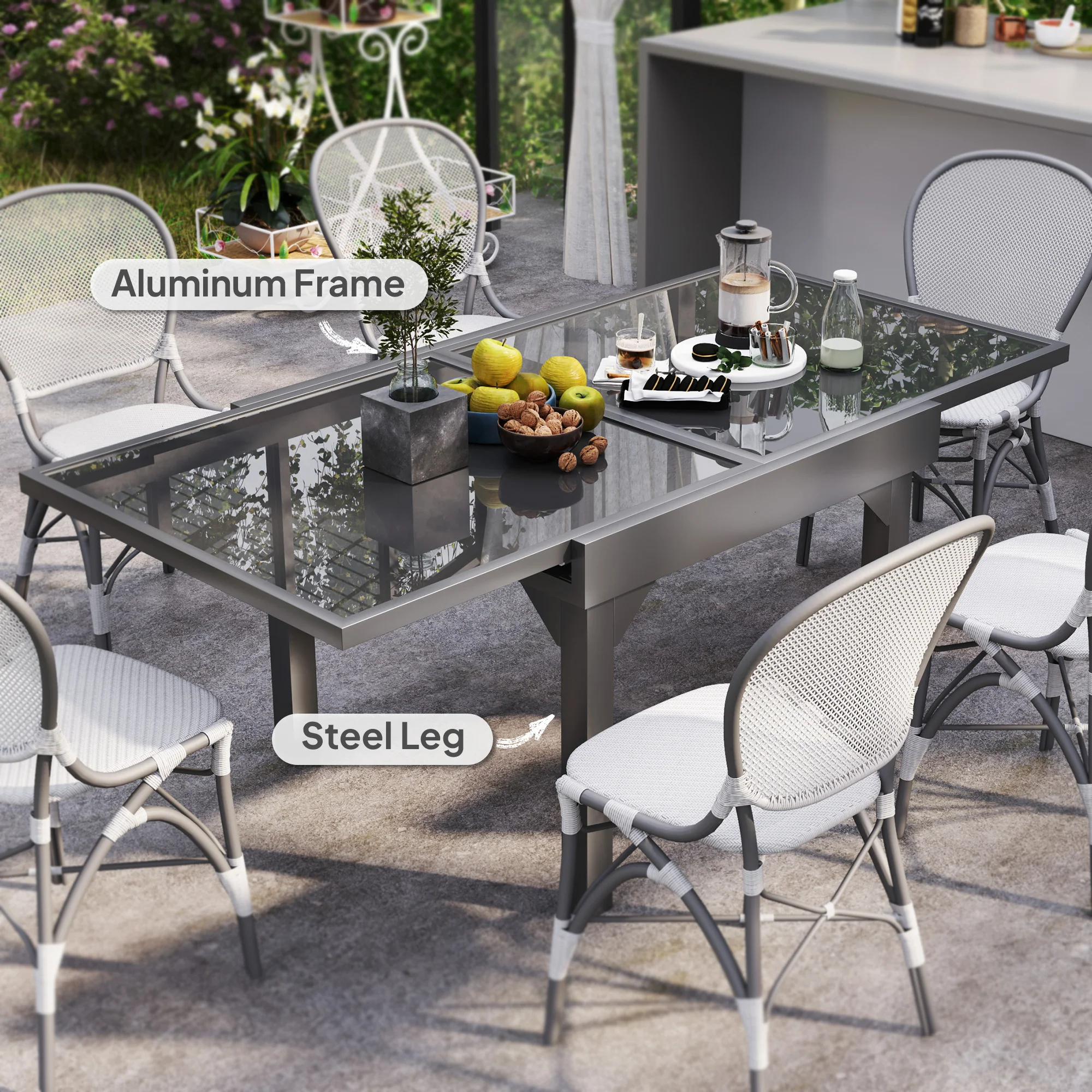 35"-71"  Extendable Aluminium Outdoor Dining Table w/ Tempered Glass Top for 4-6 Person, Grey - Image 8