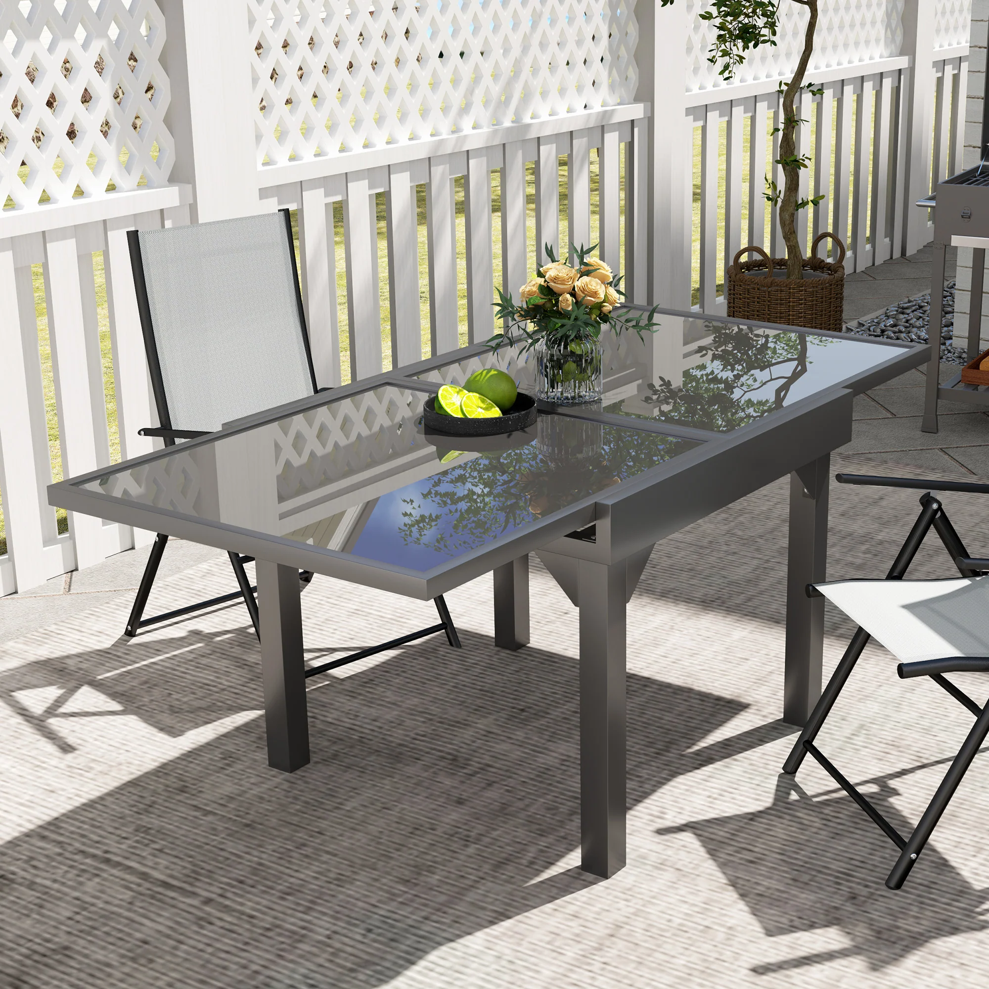 35"-71"  Extendable Aluminium Outdoor Dining Table w/ Tempered Glass Top for 4-6 Person, Grey - Image 9