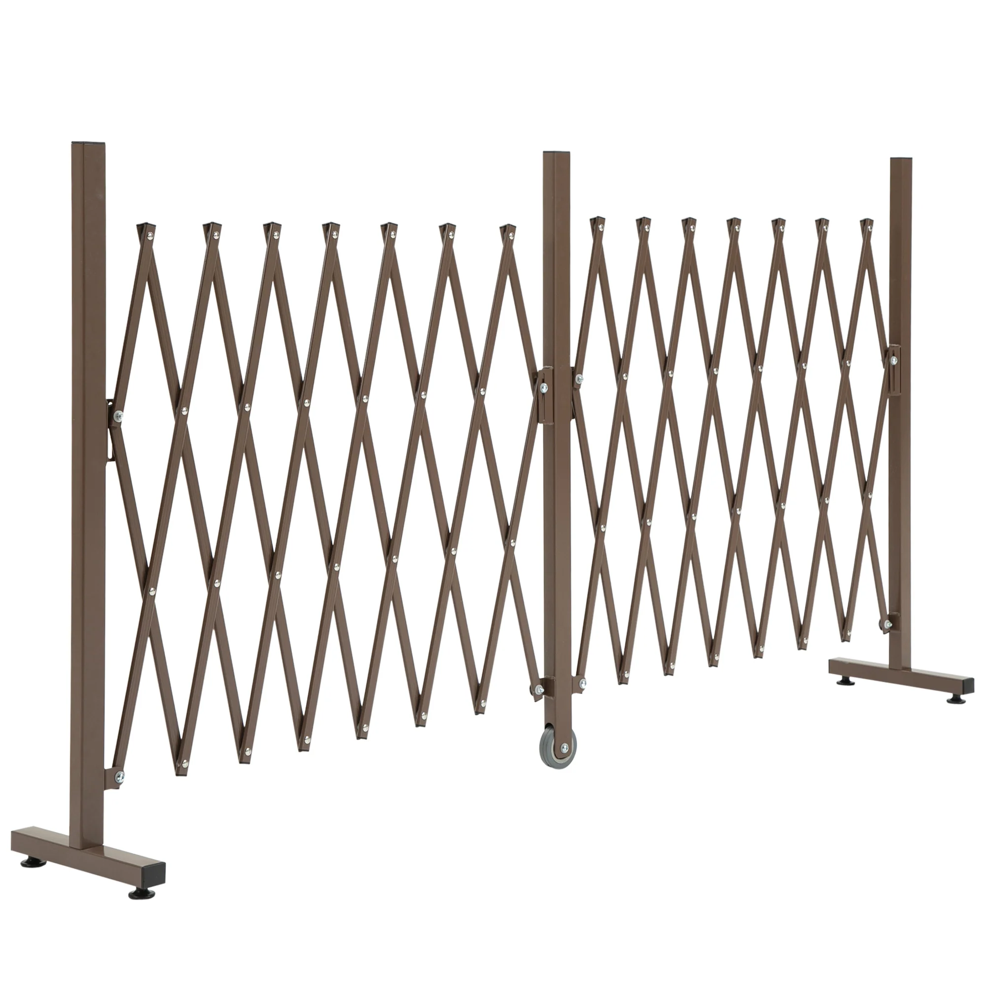 52-405cm Expanding Fence Panel with Scissor Grid & Wheel for Patio Pet Safety, Dark Brown