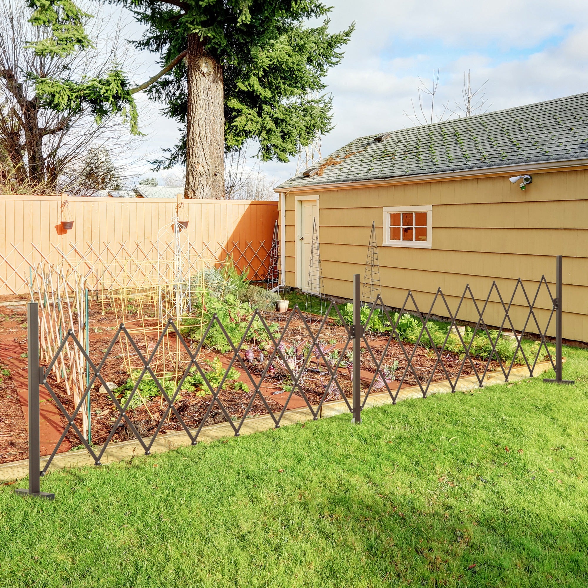 52-405cm Expanding Fence Panel with Scissor Grid & Wheel for Patio Pet Safety, Dark Brown - Image 3