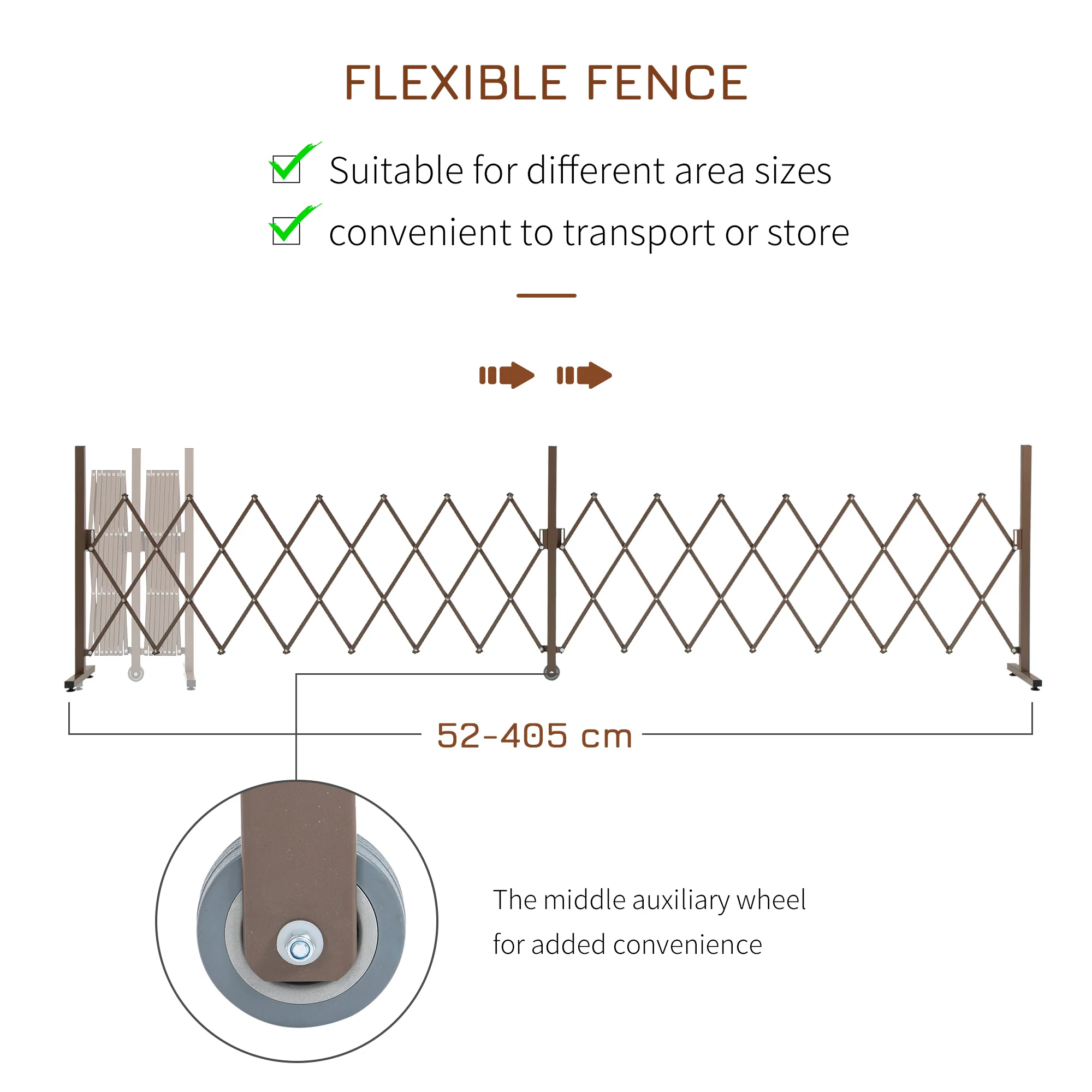 52-405cm Expanding Fence Panel with Scissor Grid & Wheel for Patio Pet Safety, Dark Brown - Image 7