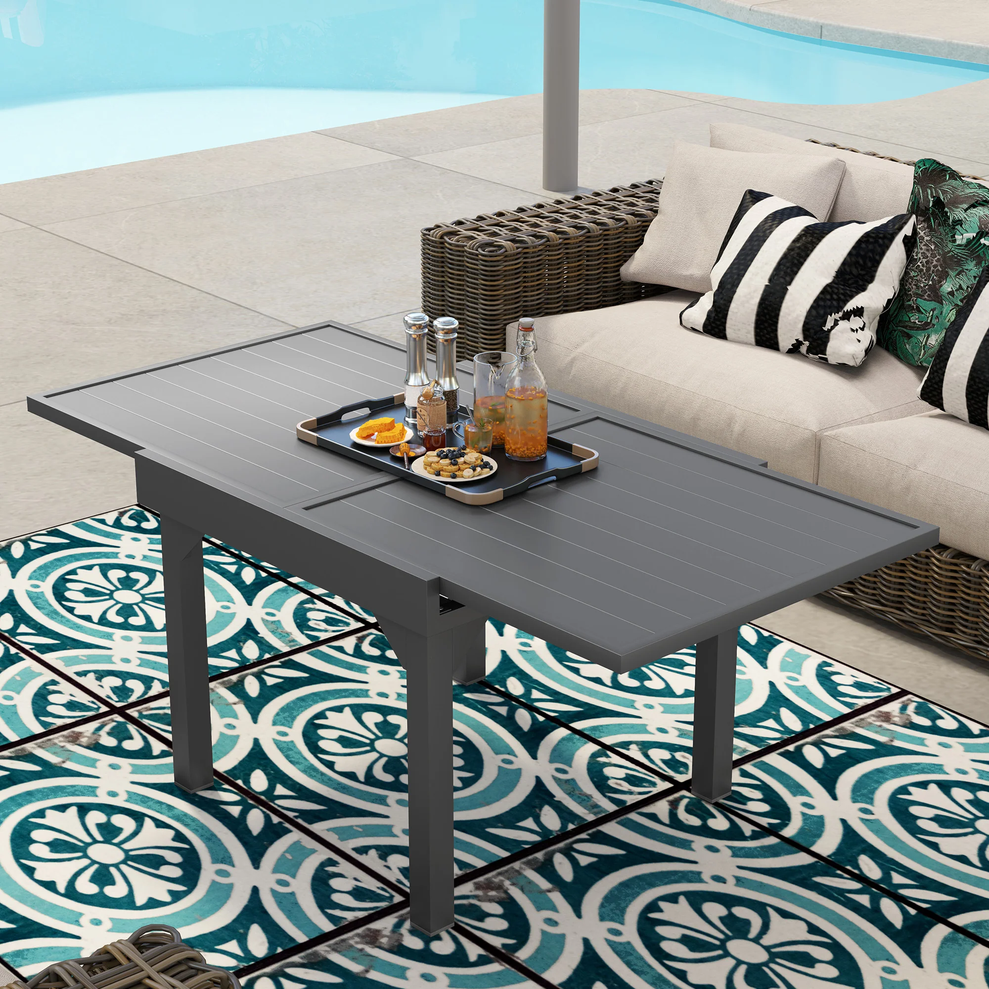 35"-71"  Extendable Aluminium Outdoor Dining Table w/ Slatted Top for 4-6 Person, Grey - Image 10