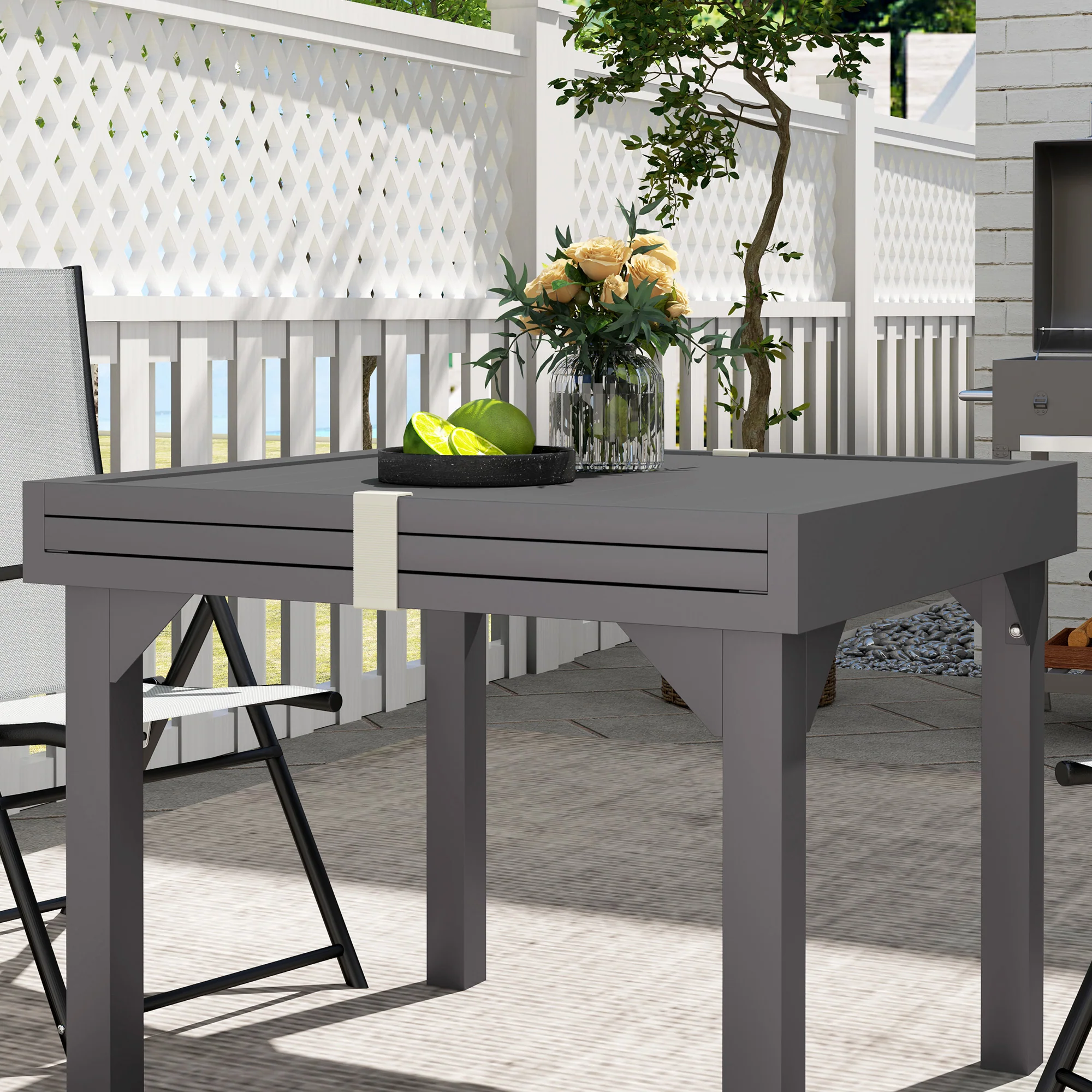 35"-71"  Extendable Aluminium Outdoor Dining Table w/ Slatted Top for 4-6 Person, Grey - Image 11