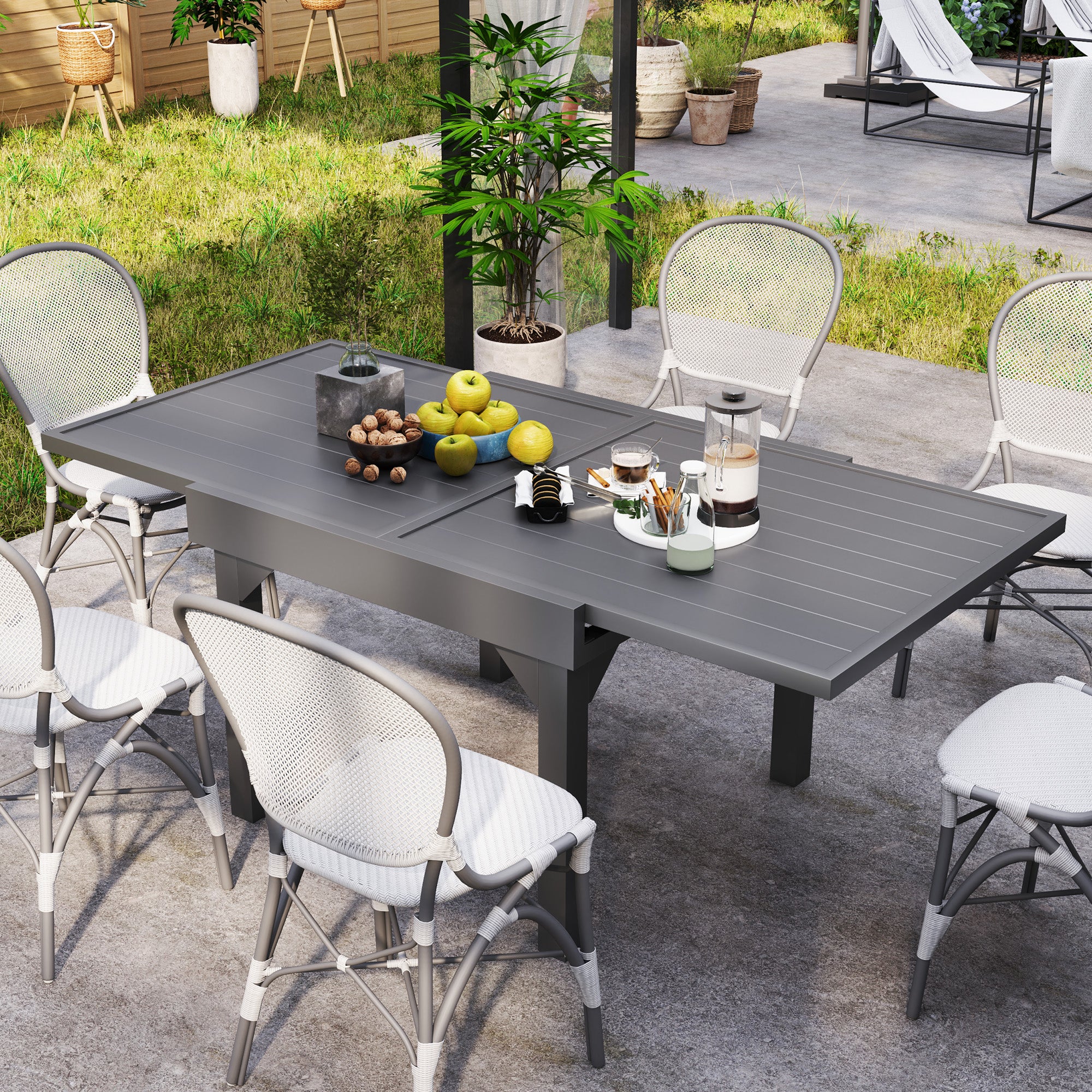35"-71"  Extendable Aluminium Outdoor Dining Table w/ Slatted Top for 4-6 Person, Grey - Image 3
