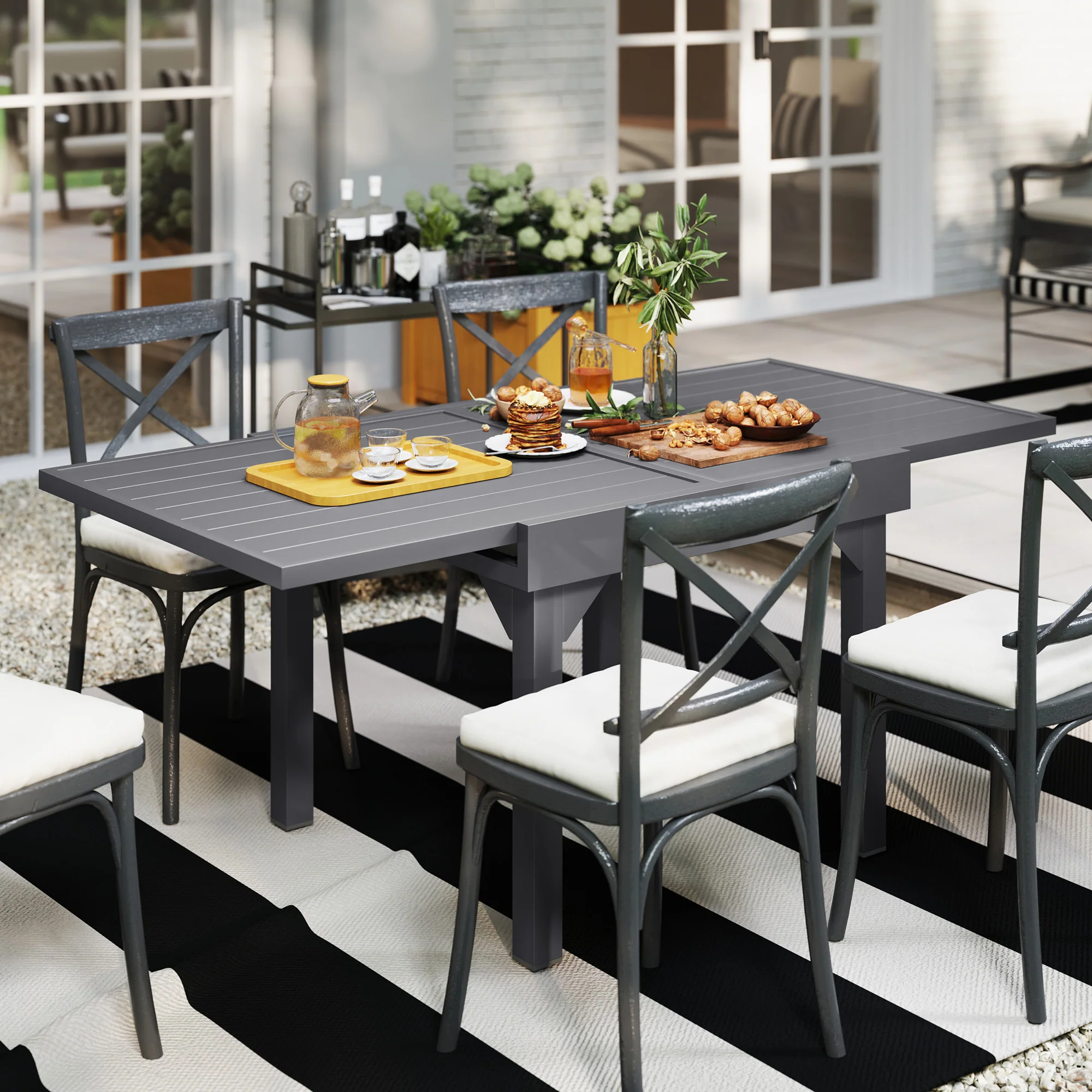 35"-71"  Extendable Aluminium Outdoor Dining Table w/ Slatted Top for 4-6 Person, Grey - Image 4