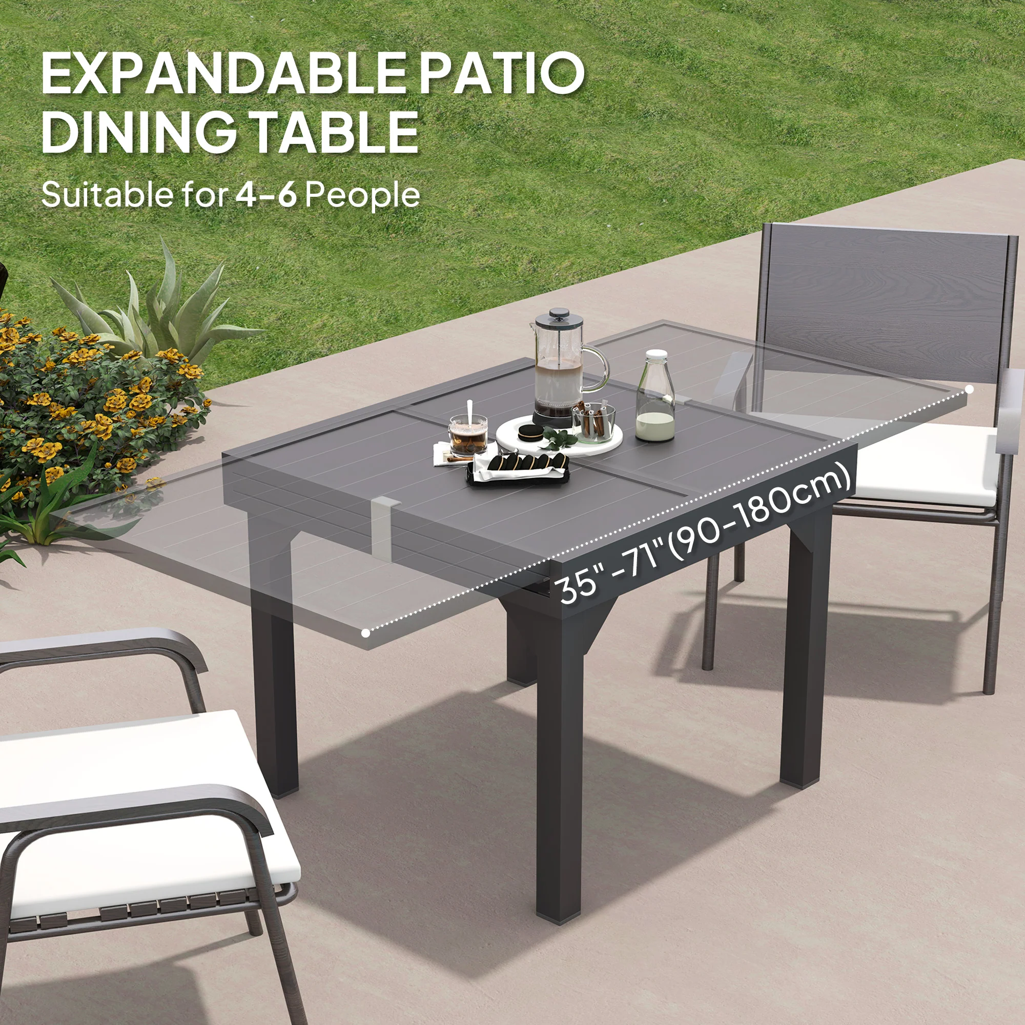 35"-71"  Extendable Aluminium Outdoor Dining Table w/ Slatted Top for 4-6 Person, Grey - Image 6