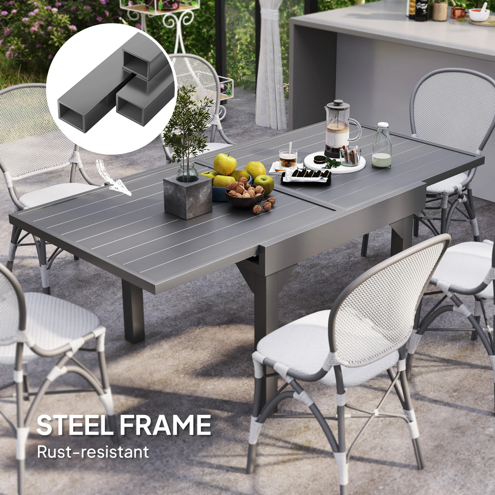 35"-71"  Extendable Aluminium Outdoor Dining Table w/ Slatted Top for 4-6 Person, Grey - Image 8
