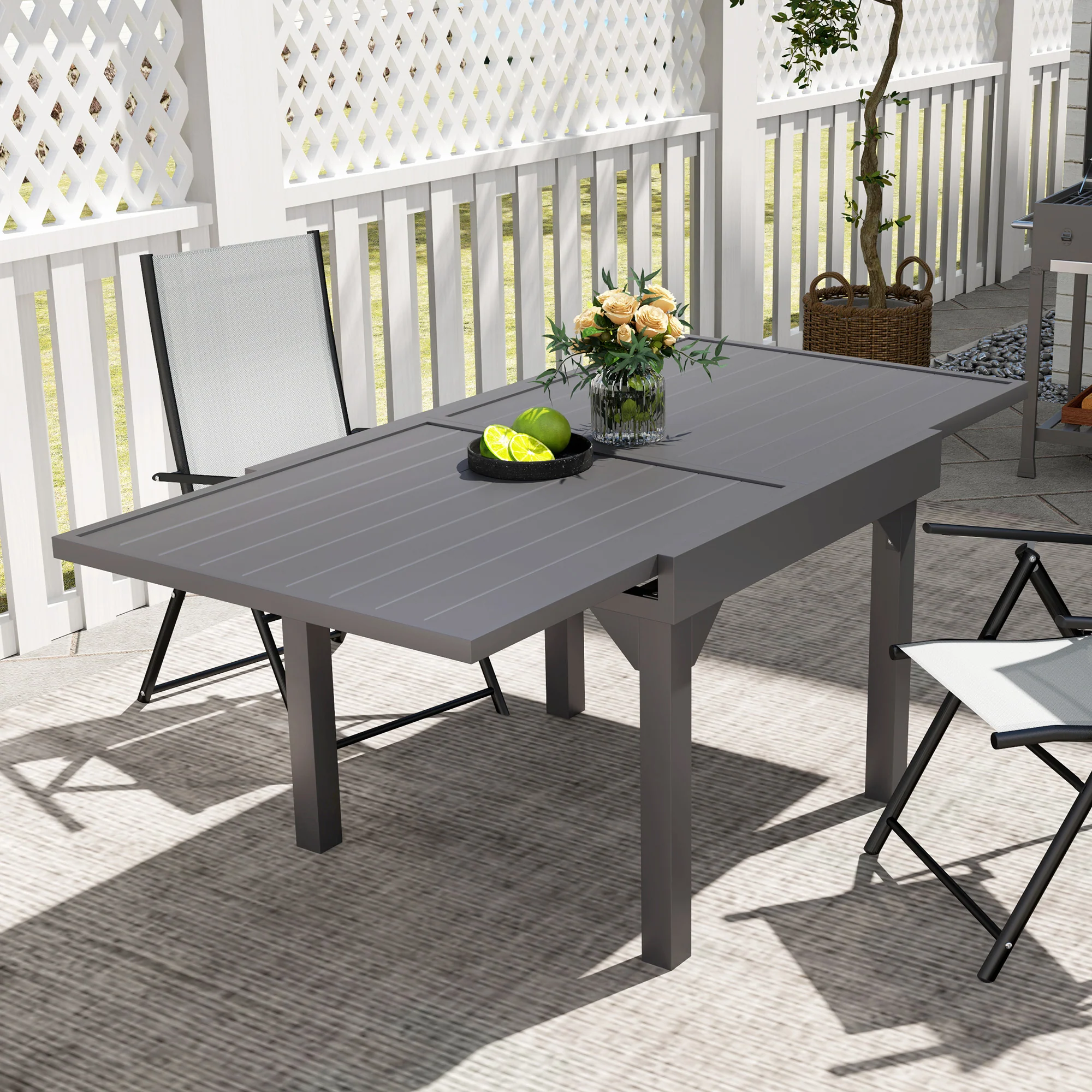 35"-71"  Extendable Aluminium Outdoor Dining Table w/ Slatted Top for 4-6 Person, Grey - Image 9