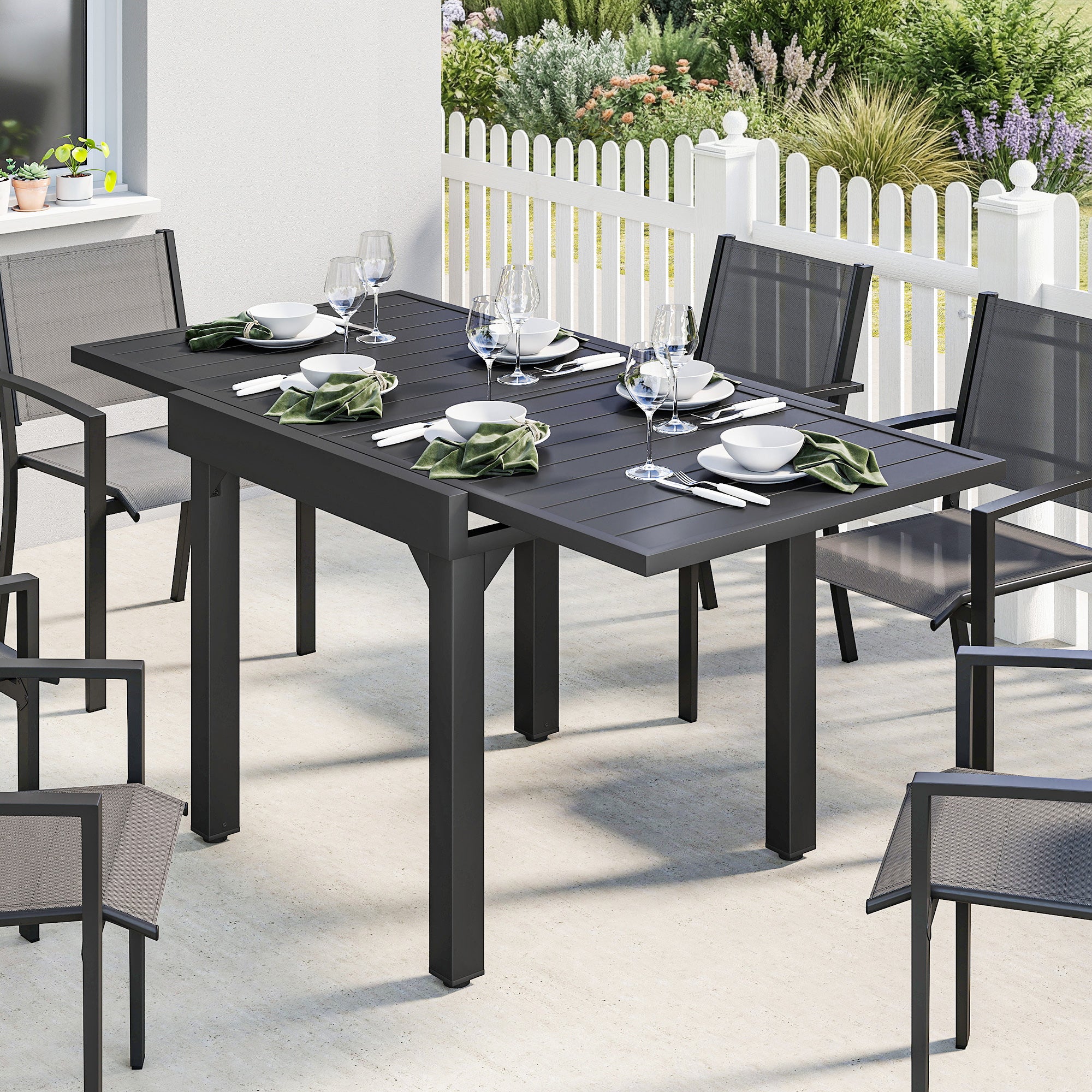 80-160 cm Extendable Aluminium Garden Table for 4-6 People, Black - Image 3