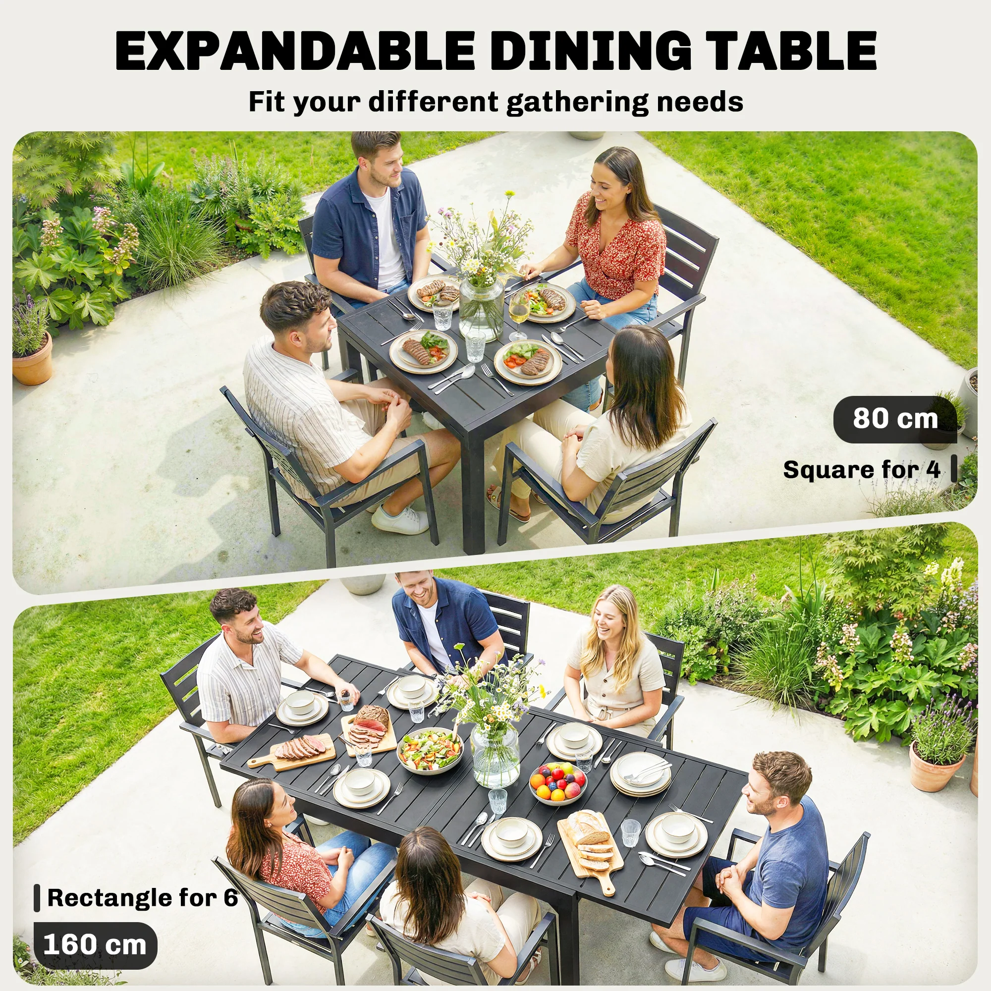 80-160 cm Extendable Aluminium Garden Table for 4-6 People, Black - Image 6