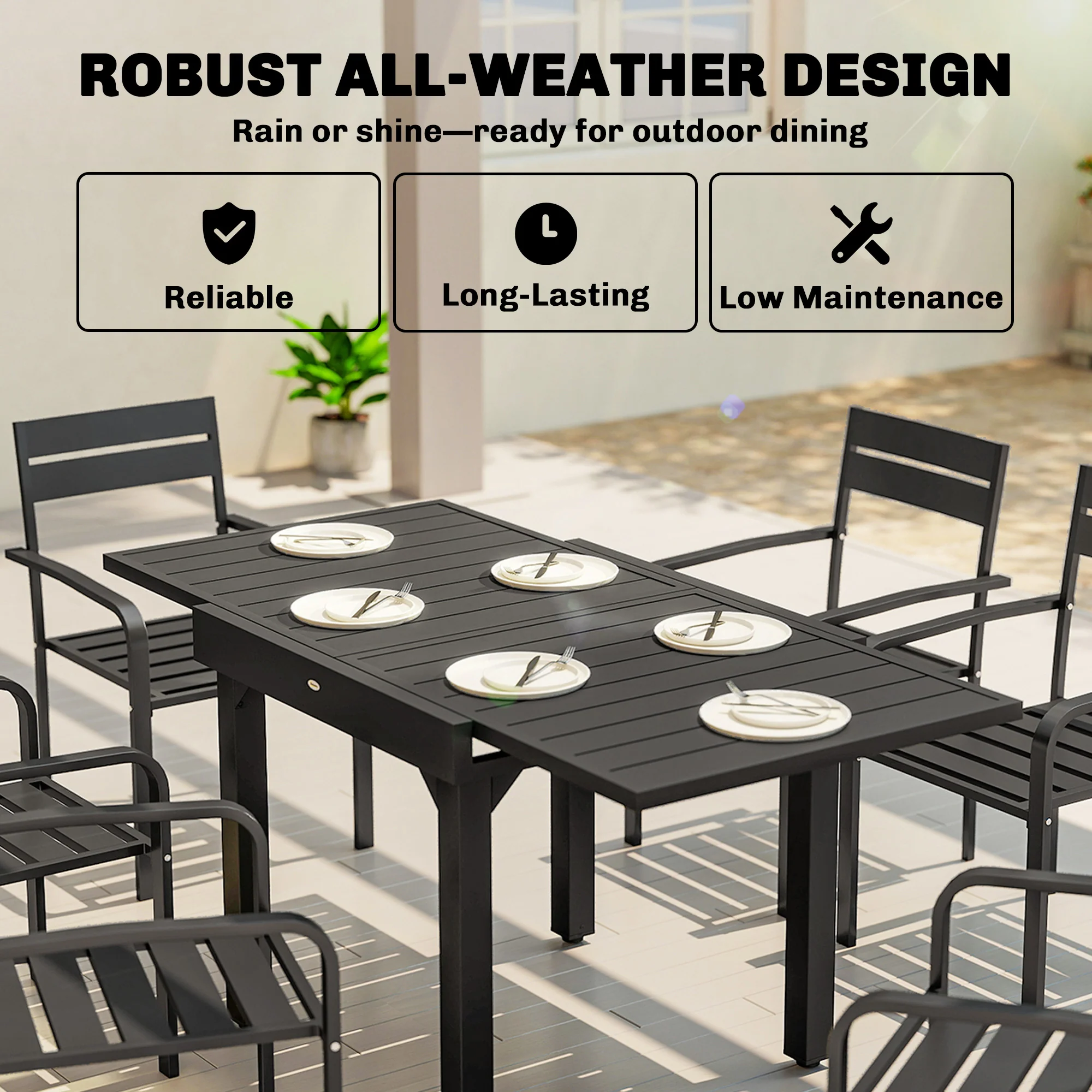 80-160 cm Extendable Aluminium Garden Table for 4-6 People, Black - Image 8