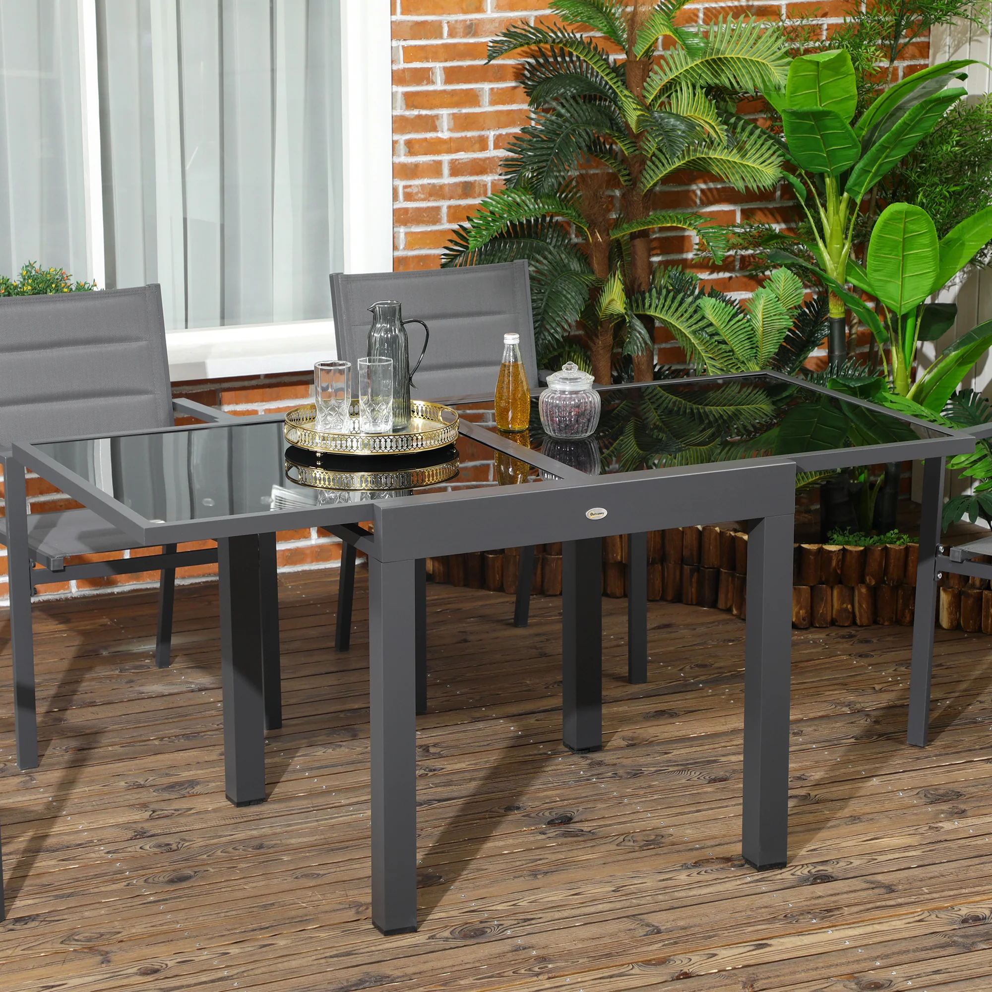 Extending Garden Table w/ Aluminium Frame & Tempered Glass Tabletop, 80/160 x 80 x 75 cm, Black - Image 3