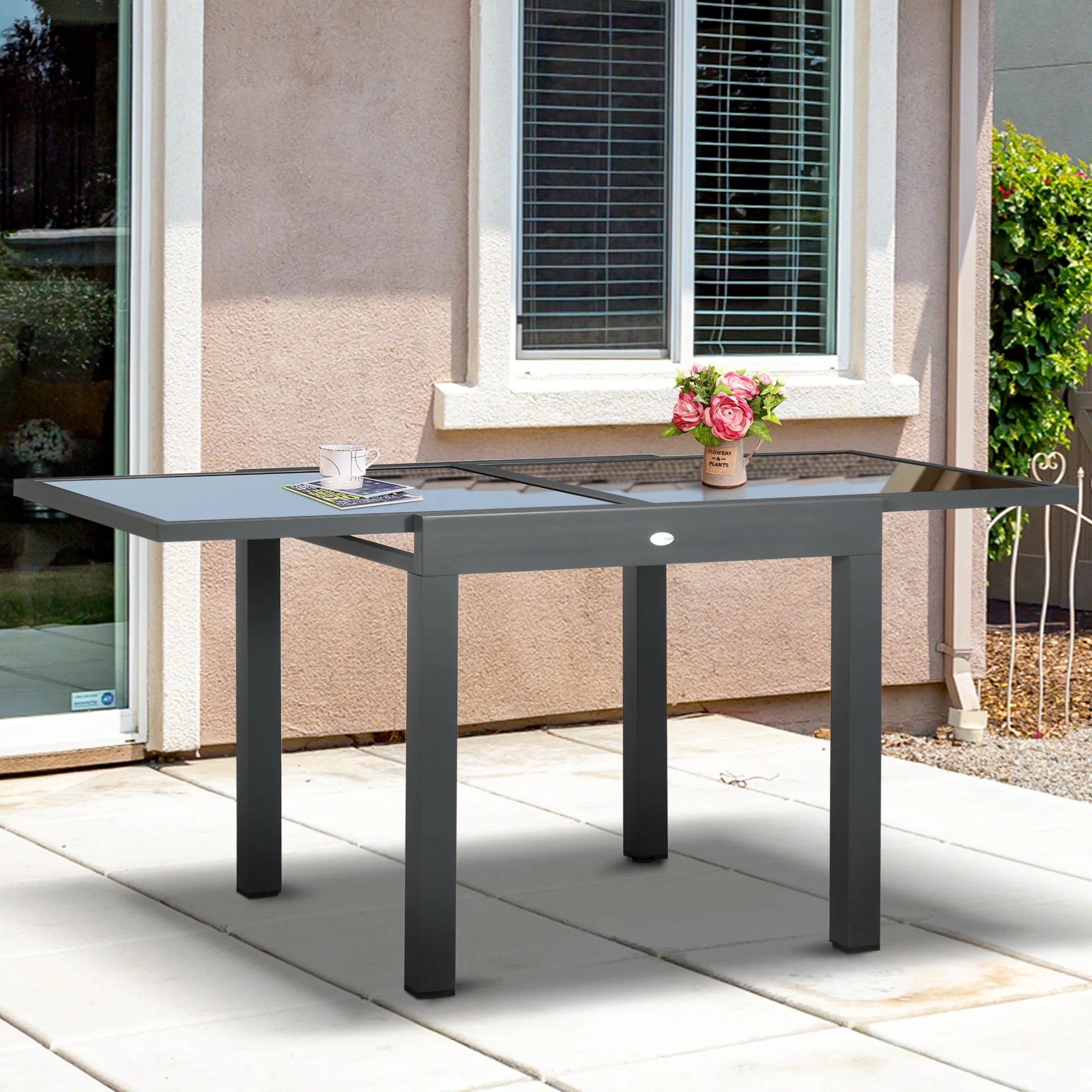 Extending Garden Table w/ Aluminium Frame & Tempered Glass Tabletop, 80/160 x 80 x 75 cm, Black - Image 4