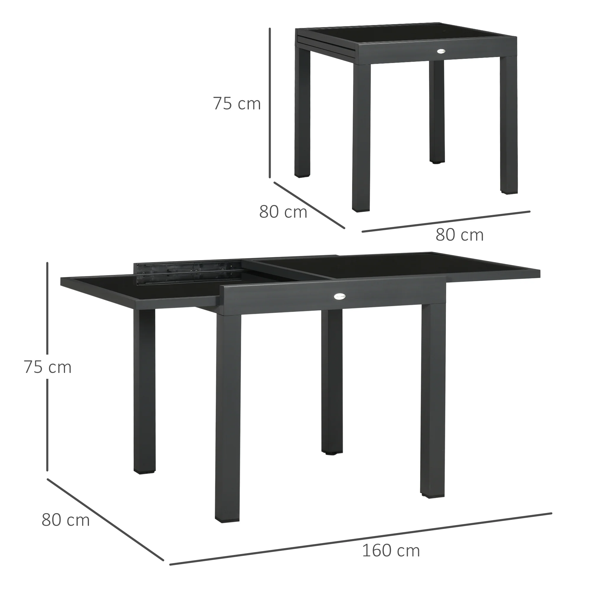 Extending Garden Table w/ Aluminium Frame & Tempered Glass Tabletop, 80/160 x 80 x 75 cm, Black - Image 5