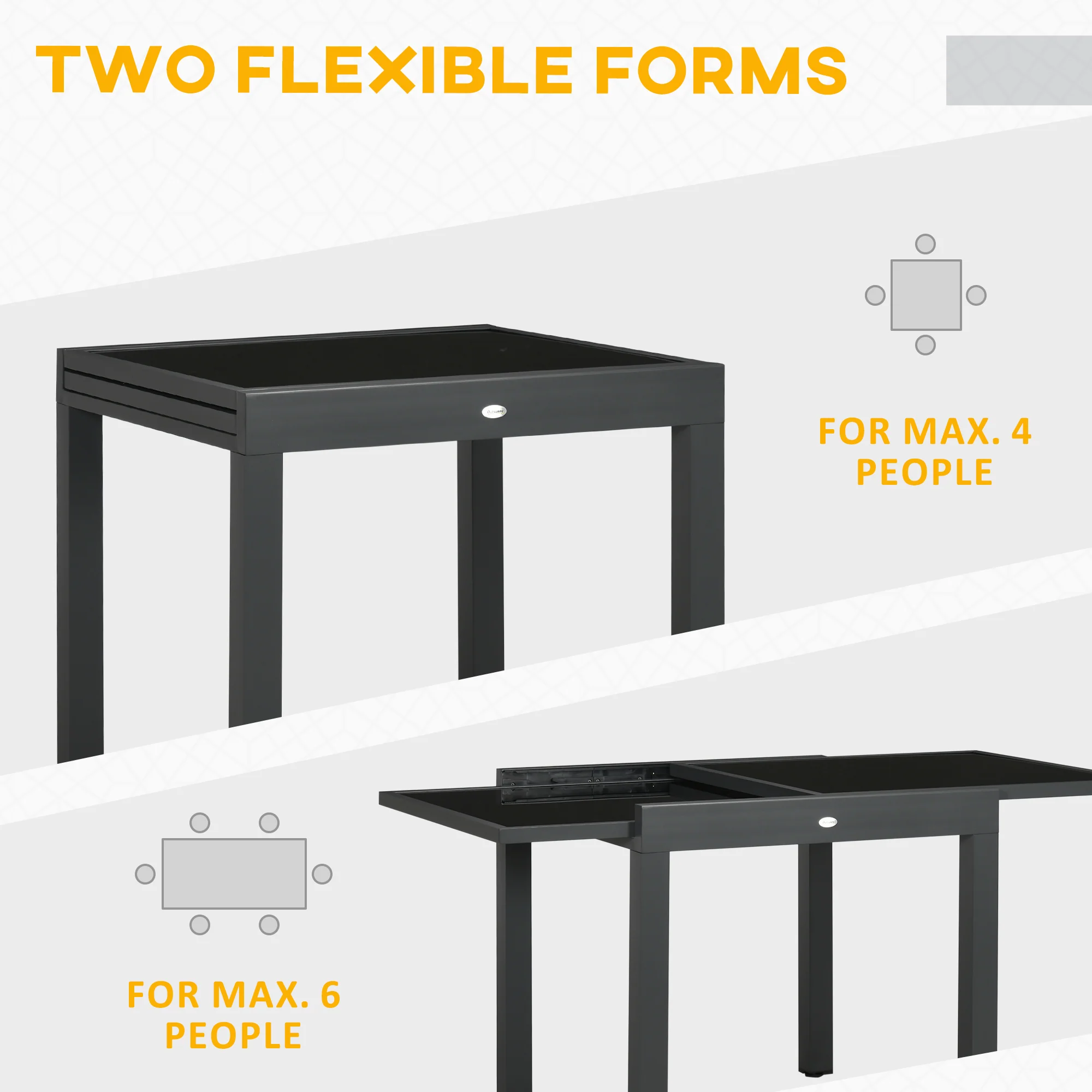 Extending Garden Table w/ Aluminium Frame & Tempered Glass Tabletop, 80/160 x 80 x 75 cm, Black - Image 6