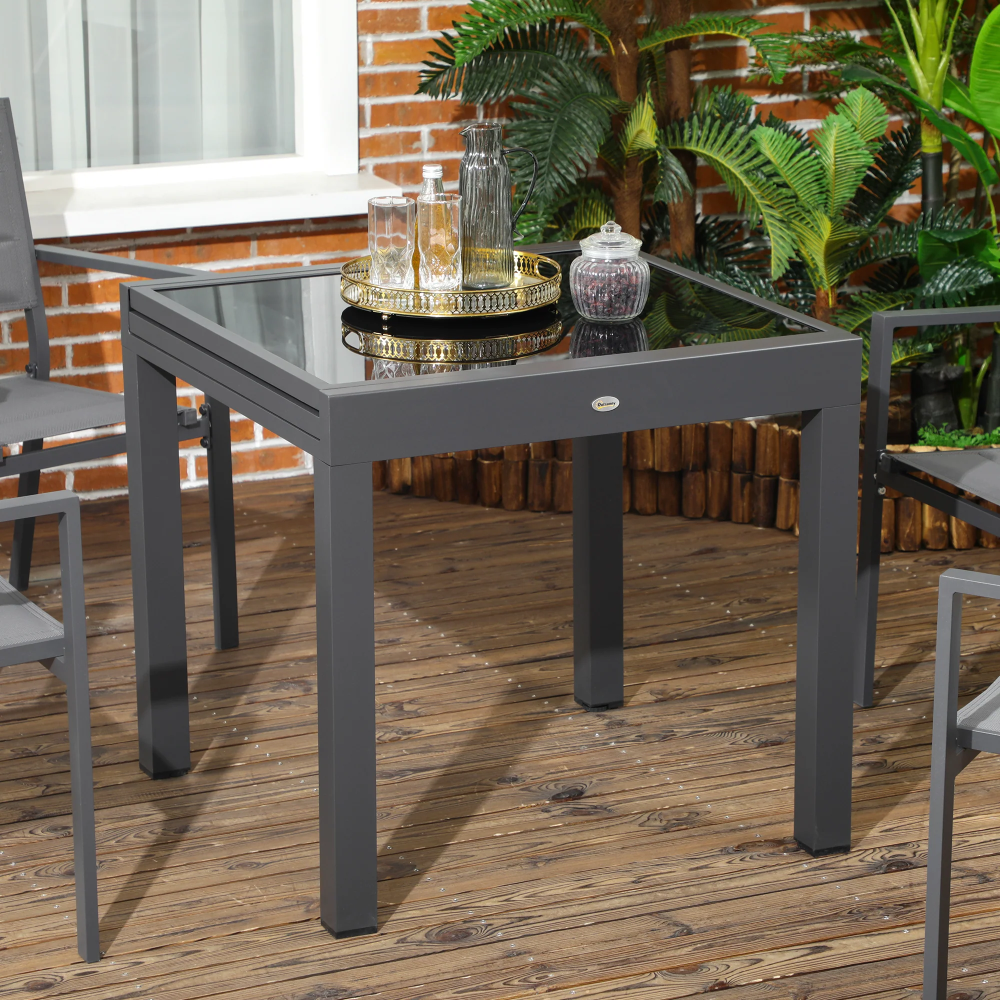 Extending Garden Table w/ Aluminium Frame & Tempered Glass Tabletop, 80/160 x 80 x 75 cm, Black - Image 9