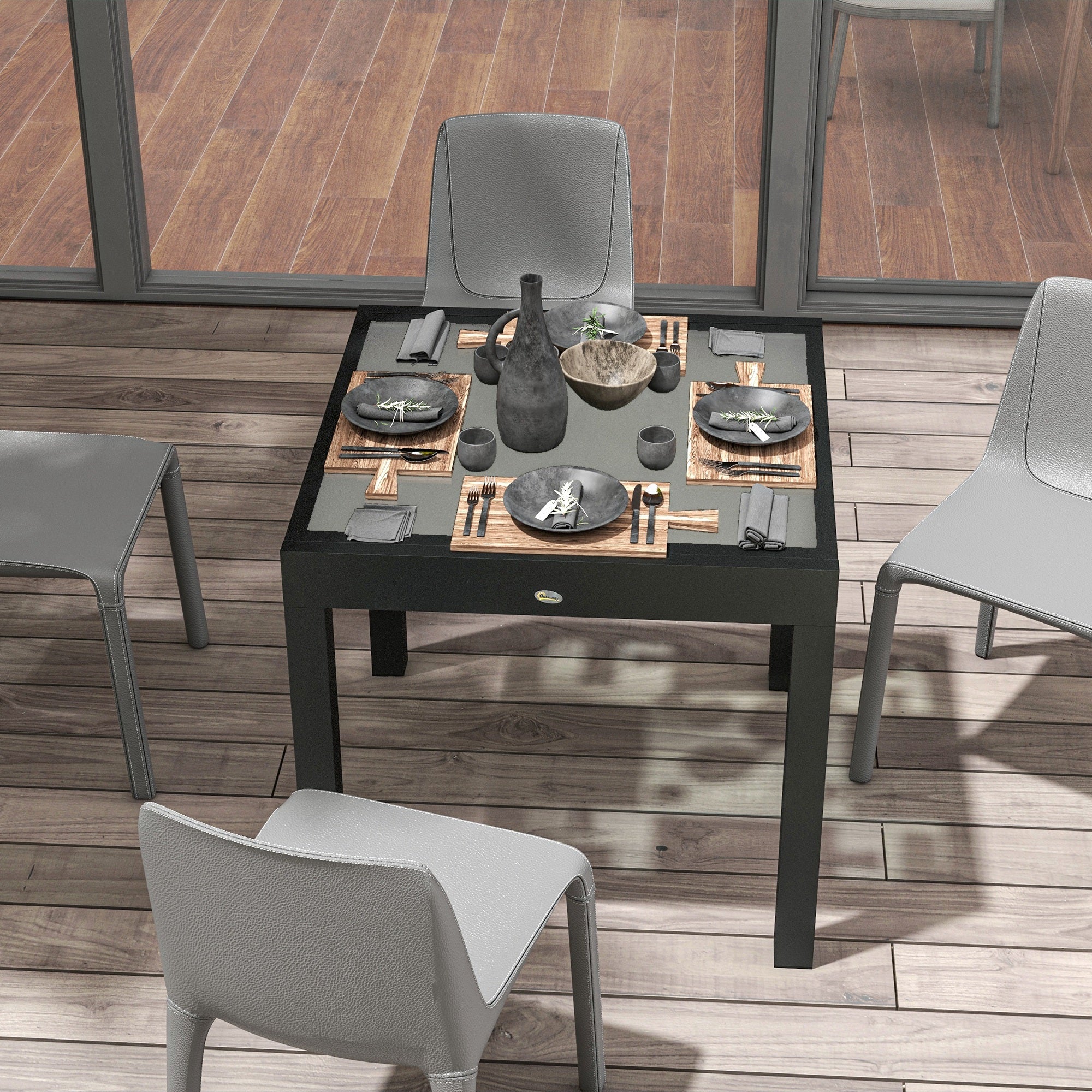 Extending Garden Table w/ Aluminium Frame & Glass Tabletop, 80/160 x 80 x 75 cm, Black and Clear - Image 10