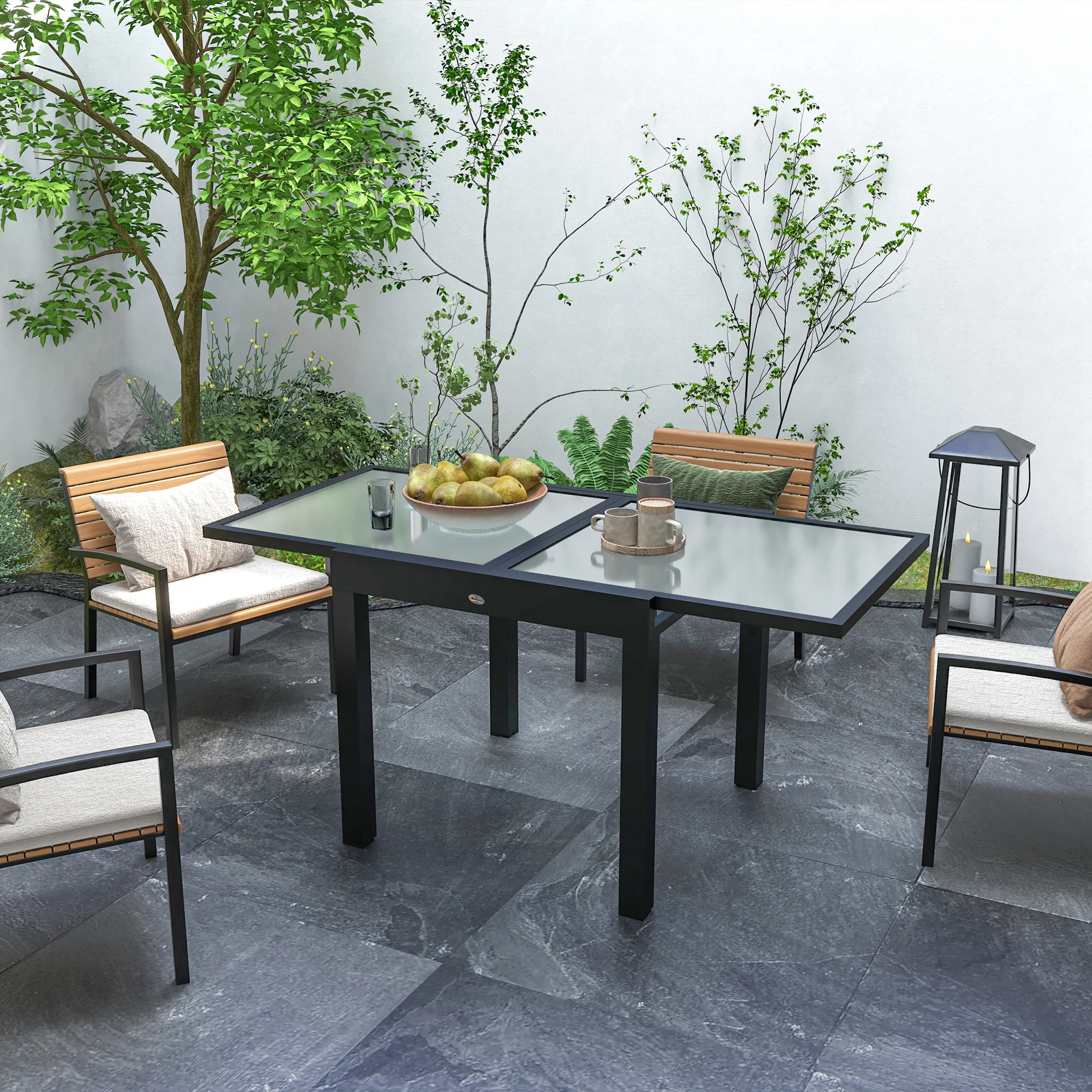 Extending Garden Table w/ Aluminium Frame & Glass Tabletop, 80/160 x 80 x 75 cm, Black and Clear - Image 3
