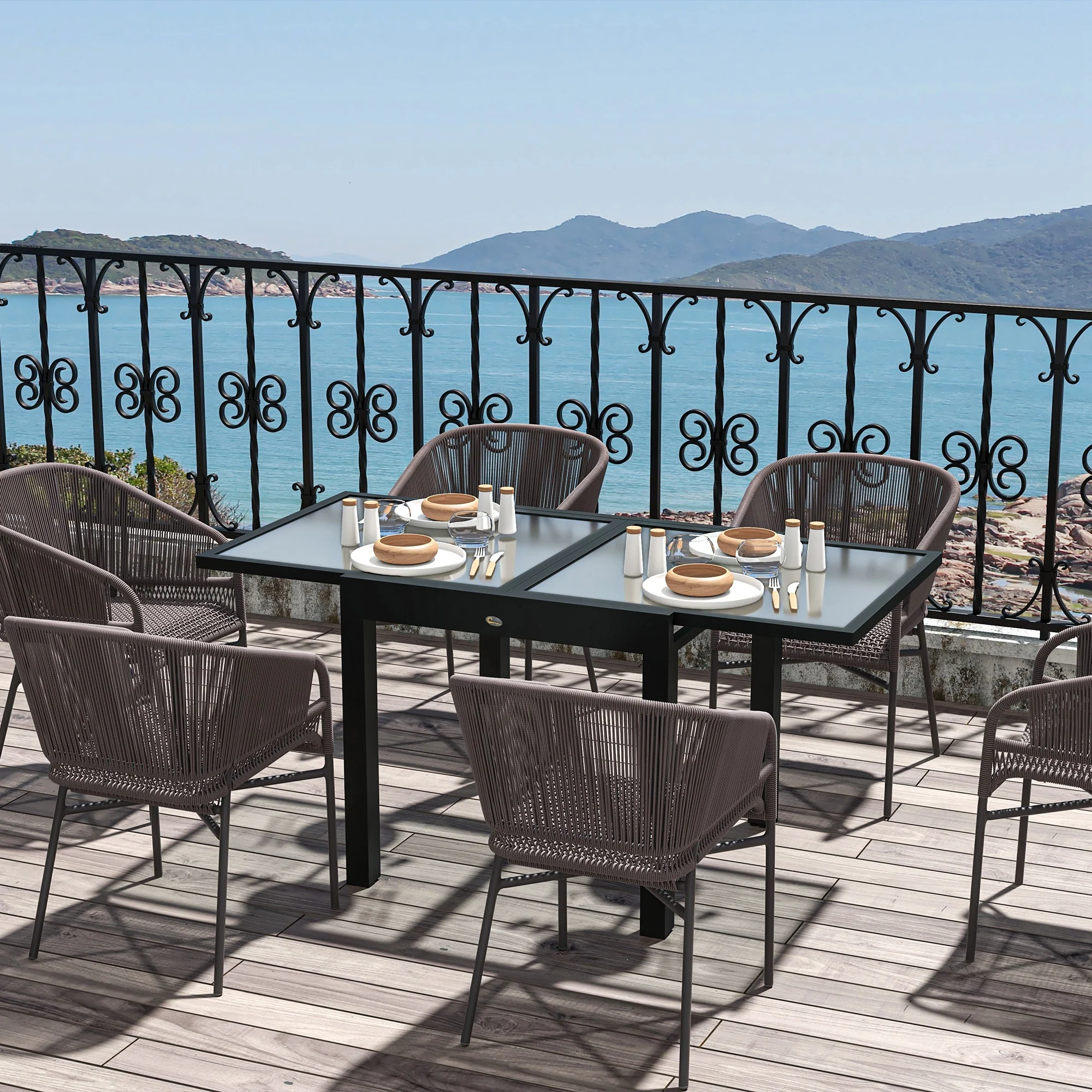 Extending Garden Table w/ Aluminium Frame & Glass Tabletop, 80/160 x 80 x 75 cm, Black and Clear - Image 4
