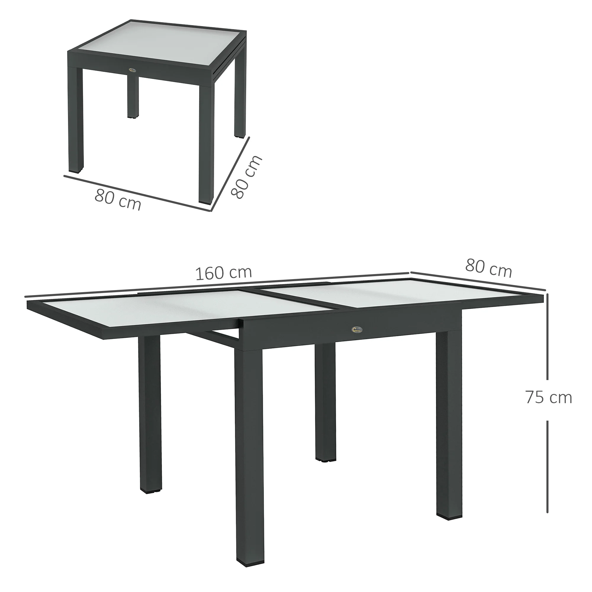 Extending Garden Table w/ Aluminium Frame & Glass Tabletop, 80/160 x 80 x 75 cm, Black and Clear - Image 5