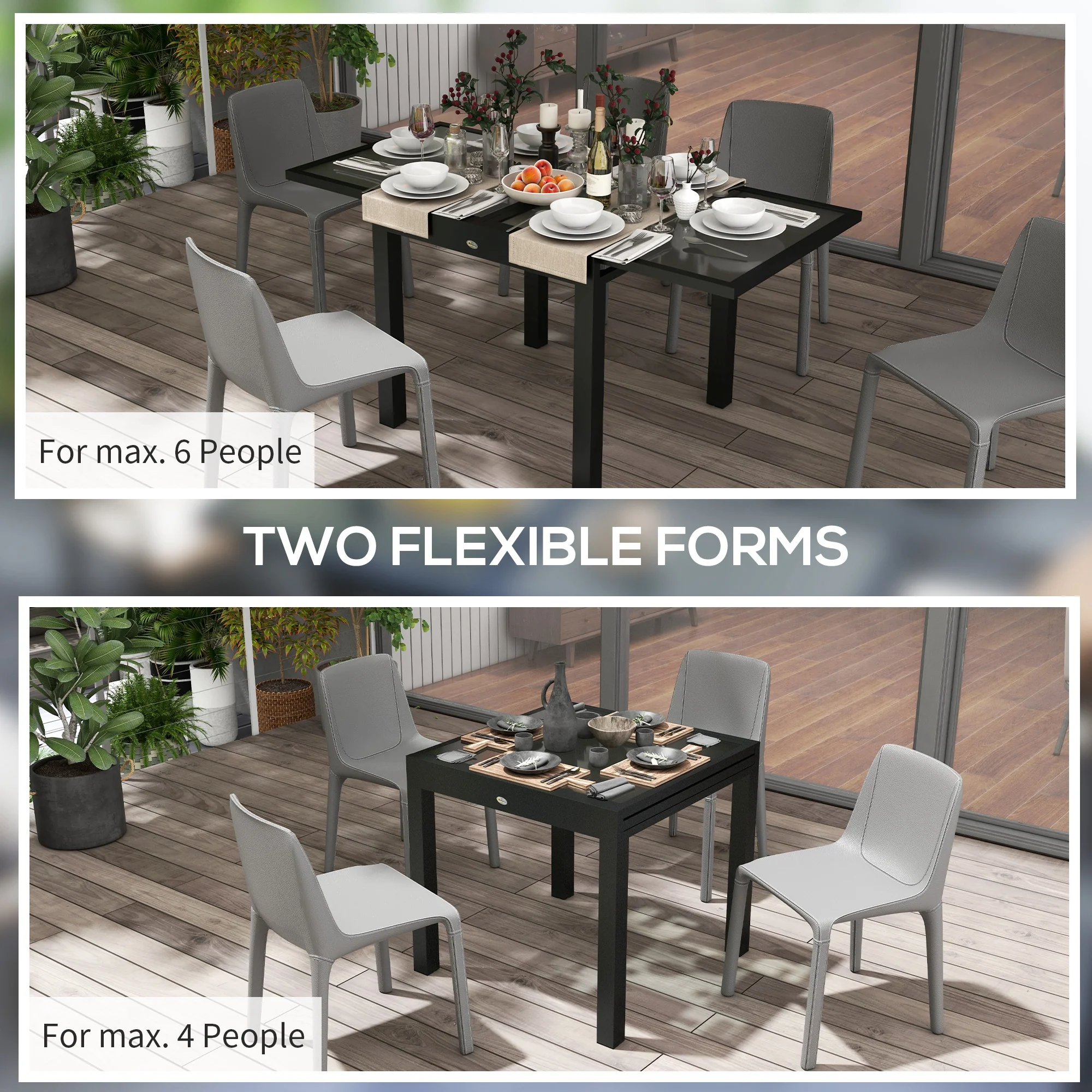 Extending Garden Table w/ Aluminium Frame & Glass Tabletop, 80/160 x 80 x 75 cm, Black and Clear - Image 6