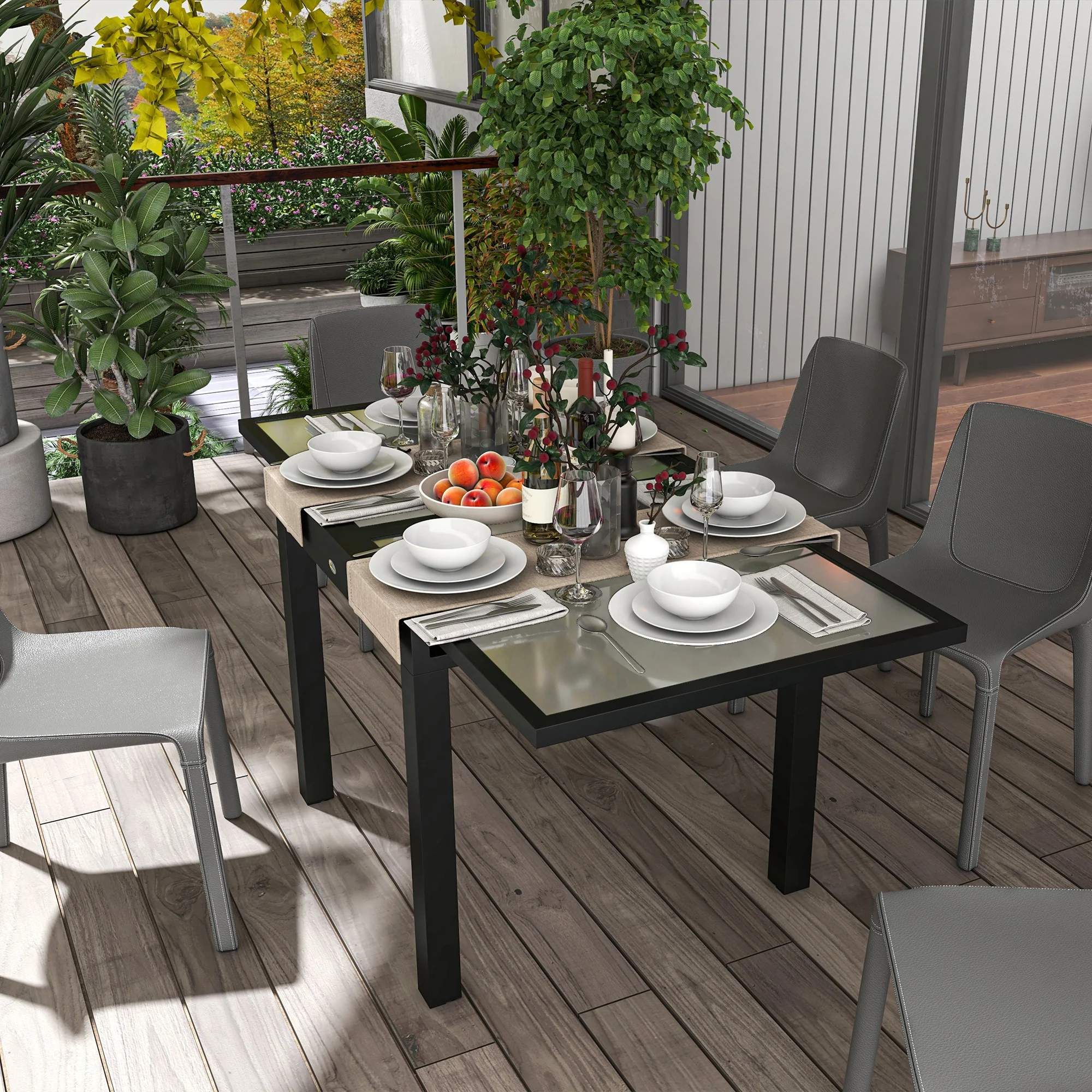 Extending Garden Table w/ Aluminium Frame & Glass Tabletop, 80/160 x 80 x 75 cm, Black and Clear - Image 9